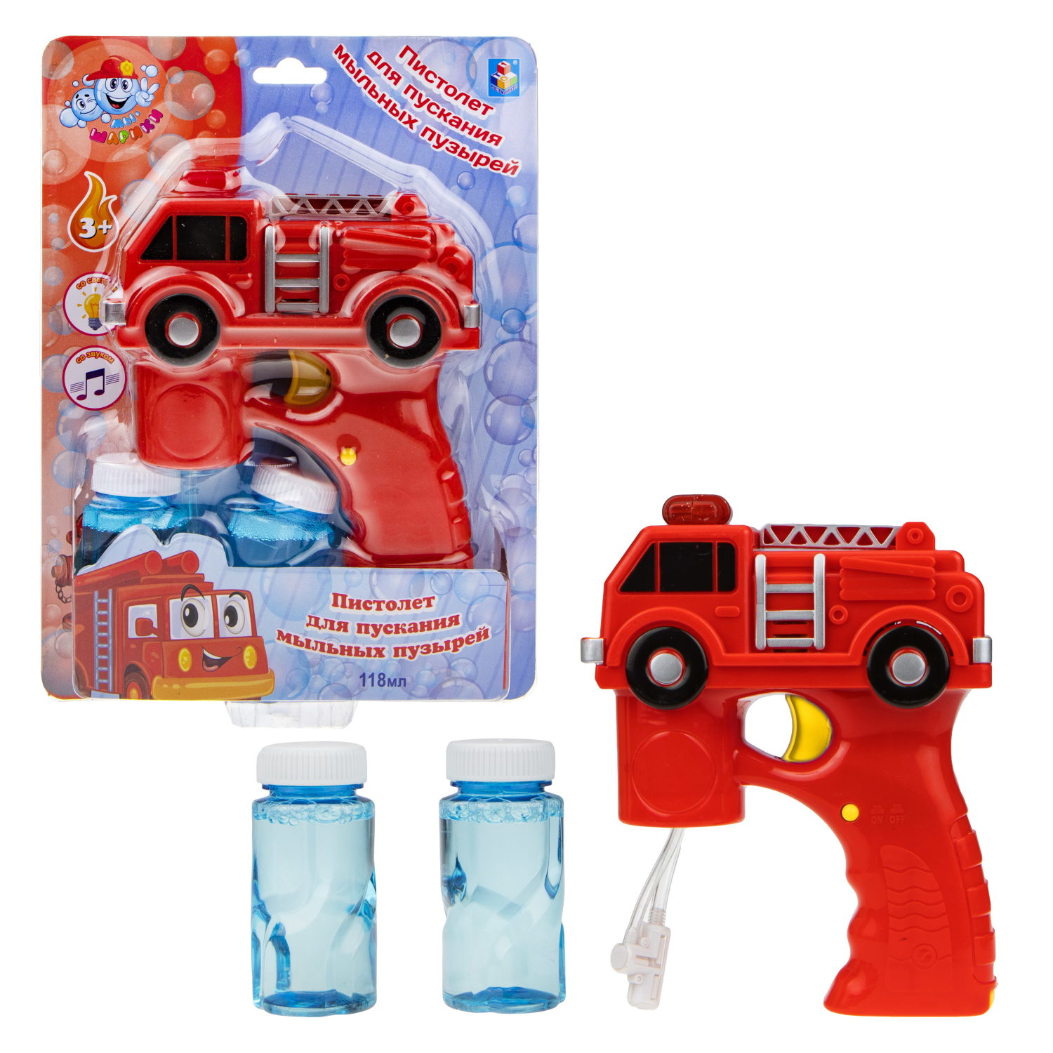 Набор для пускания мыльных пузырей 1TOY "Мы-шарики!" с пистолетом в виде пожарной машины. Со световыми и звуковыми эффектами. (118 мл.)