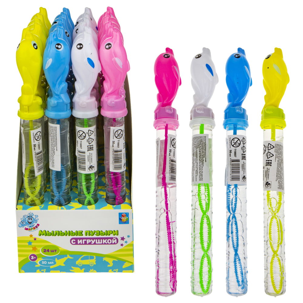 Мыльные пузыри с игрушкой 1TOY Мы-шарики! Дельфин, 50 мл, 4 цвета в ассортименте
