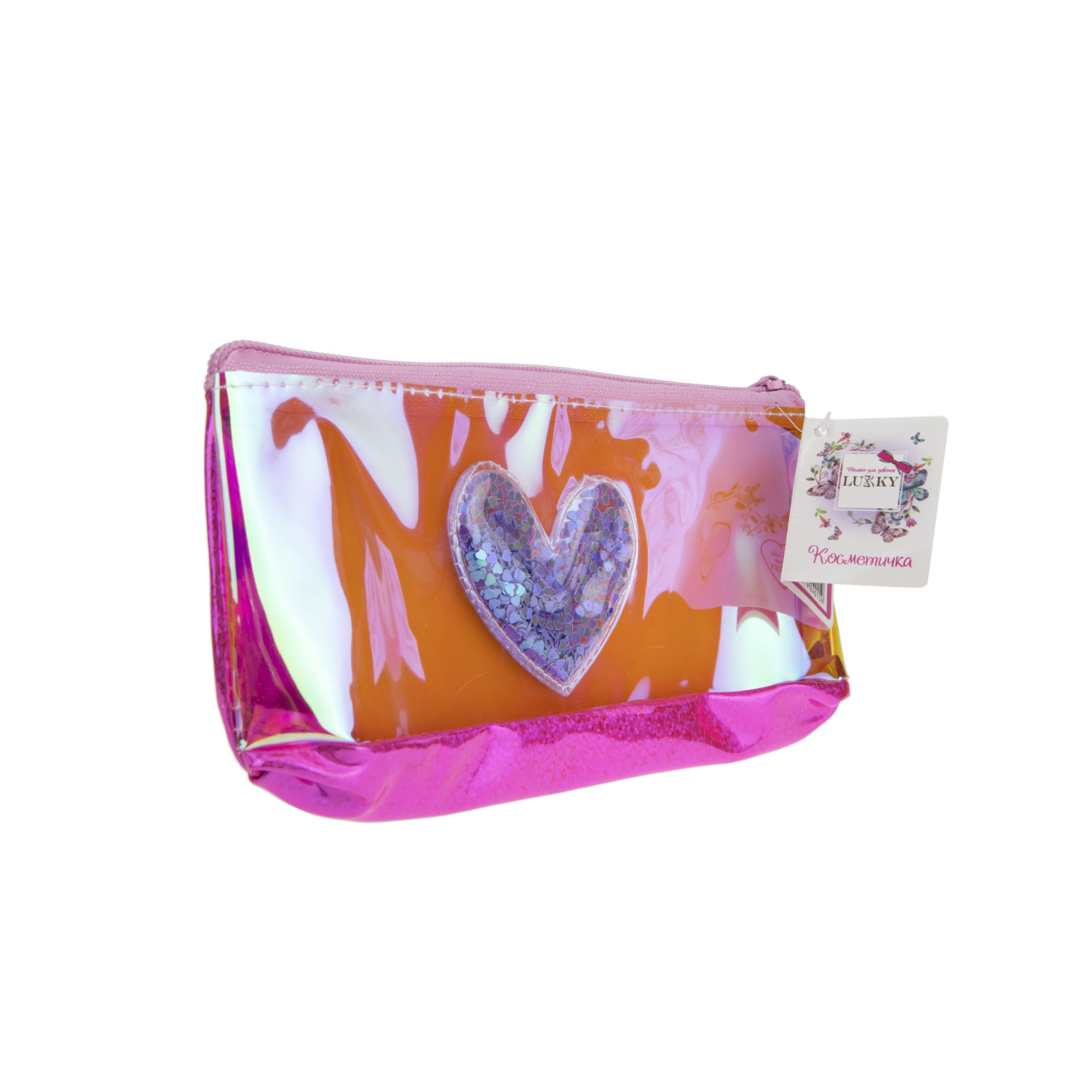 Пенал школьный, косметичка LUKKY для девочек, девушек, голографическая, с аппликацией сердца, 21х10 см