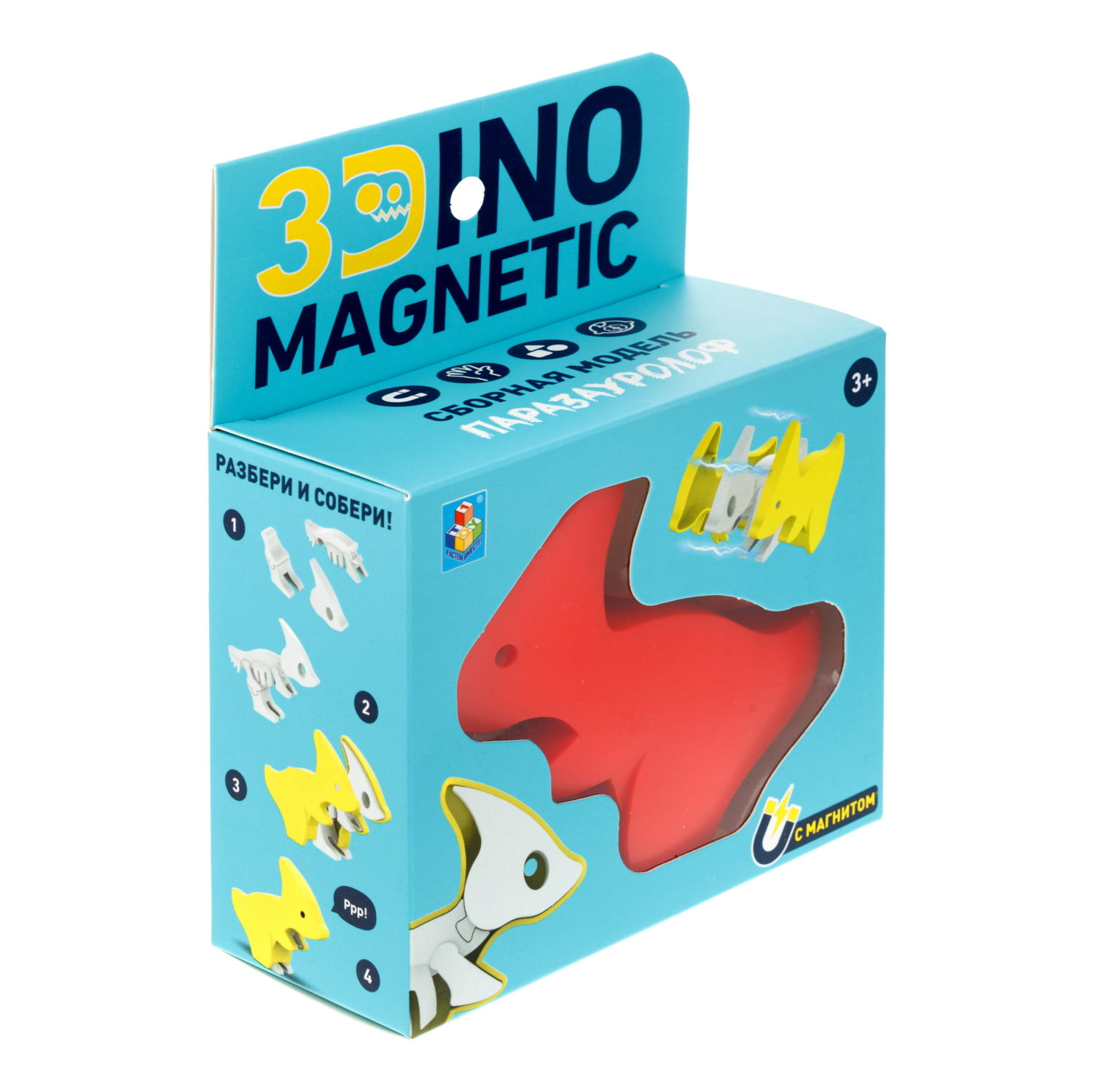 Игрушка динозавр 1TOY 3Dino Magnetic Паразауролоф, сборный, с магнитом, для развития моторики и сил рук, цвет в ассортименте 