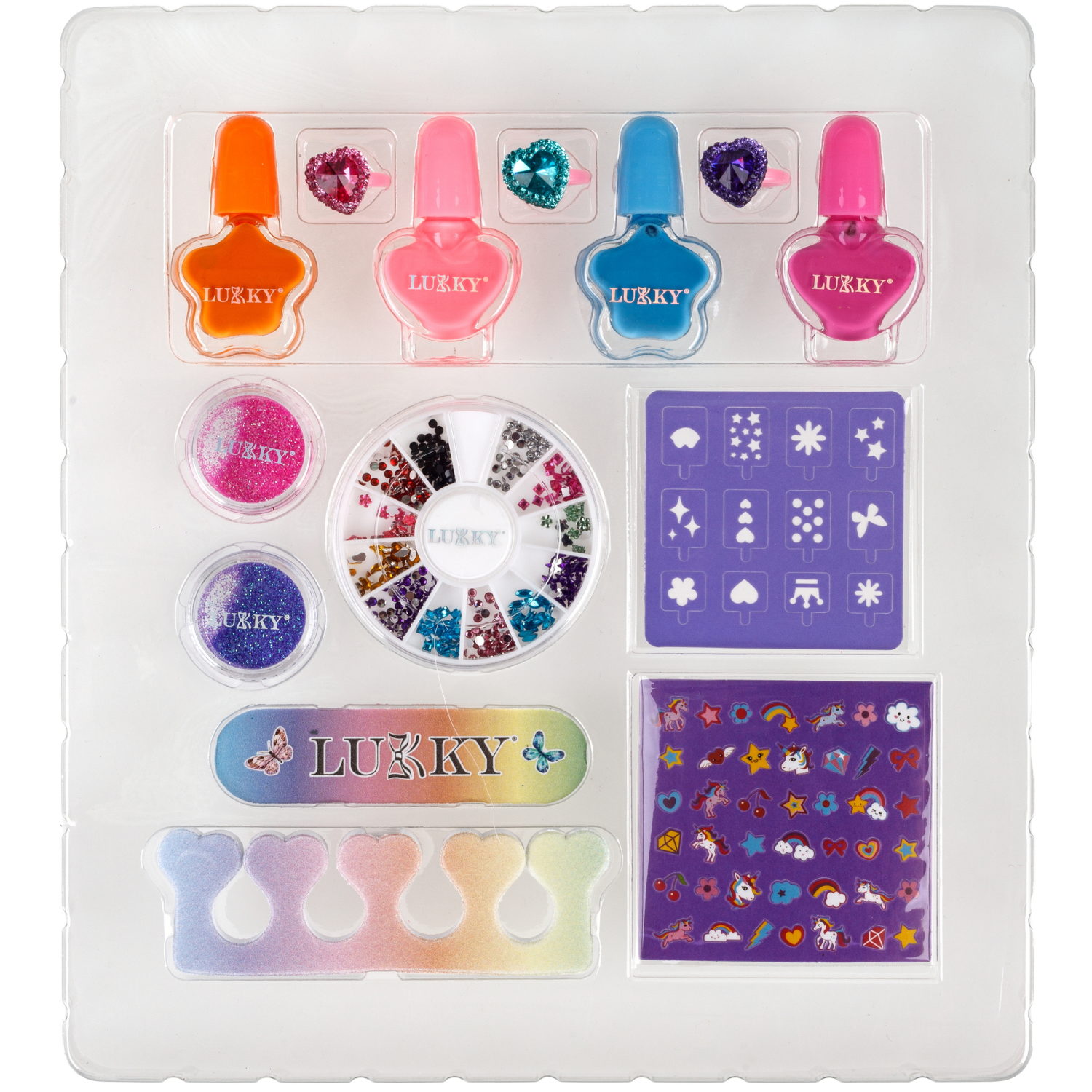 Lukky Бьюти-Дизайн Модный НейлАрт: лаки для ногтей, колечки, блёстки, стразы для ногтей, трафарет, пилочка для ногтей, разделитель для пальчиков, наклейки для ногтей