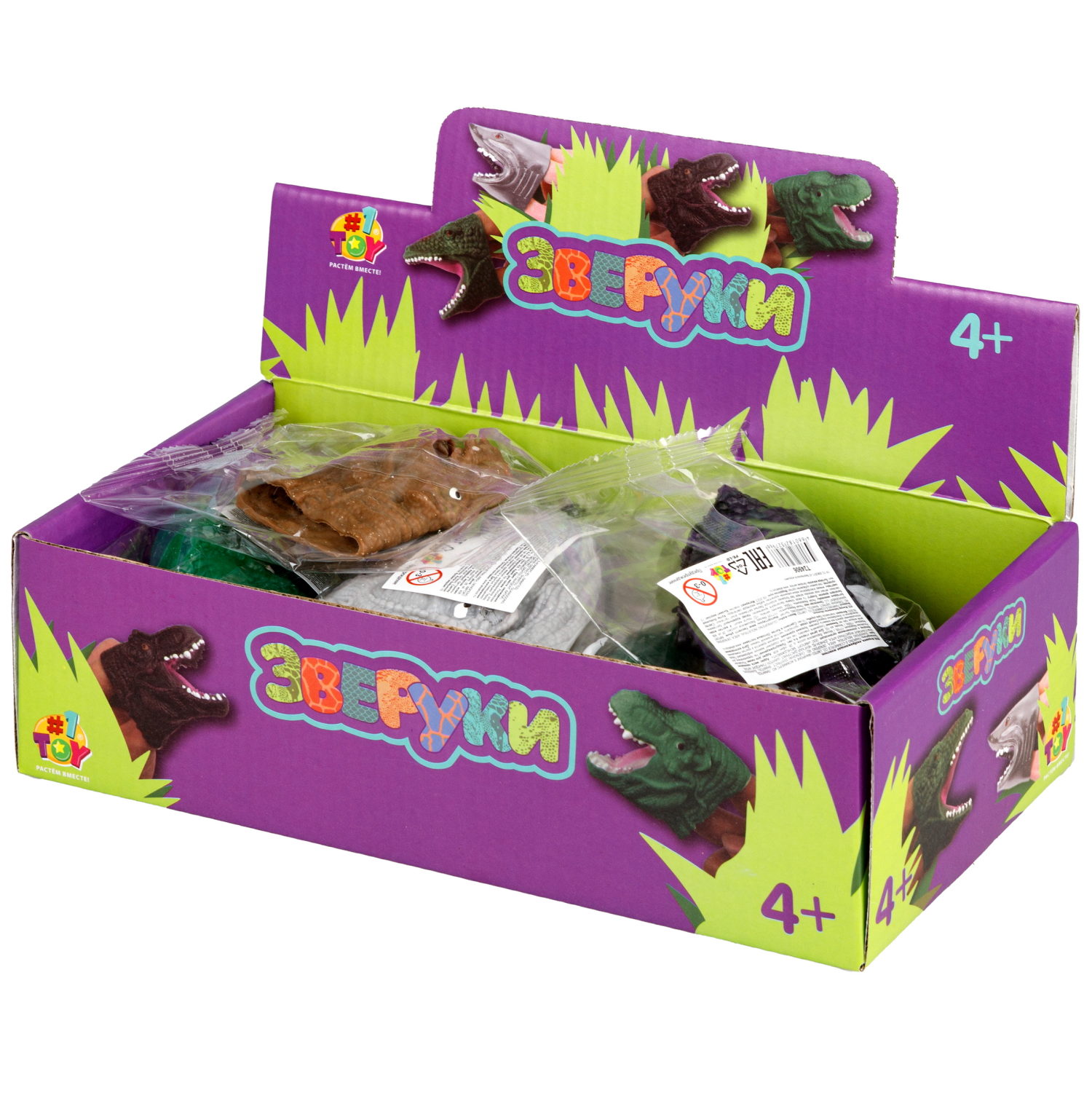 1toy "Зверуки" мини динозавр на руку, 4 вида, 16 шт в д/б