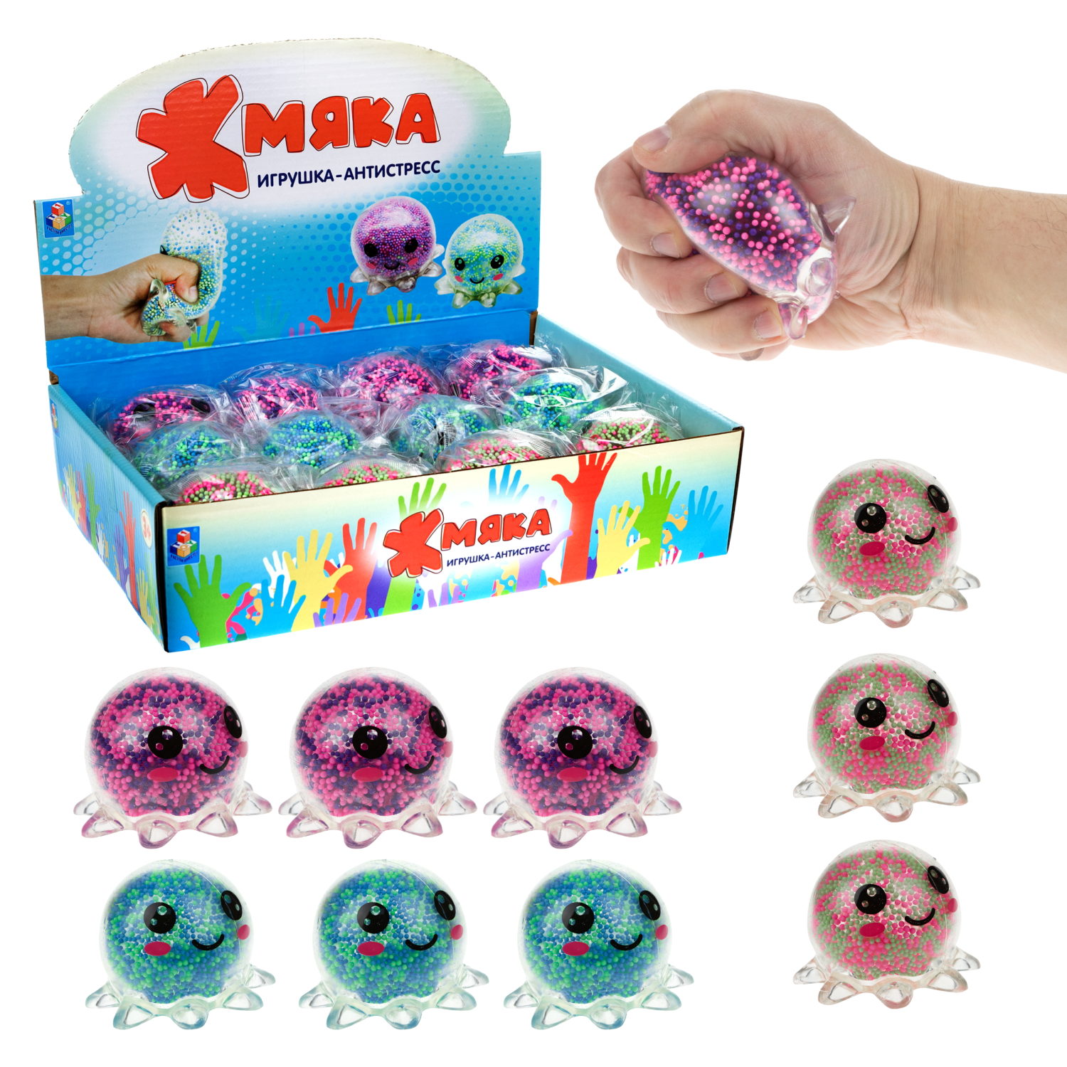 1toy Жмяка осьминог, 8х6,5 см, 3 вида в асс., 12 шт. в д/б