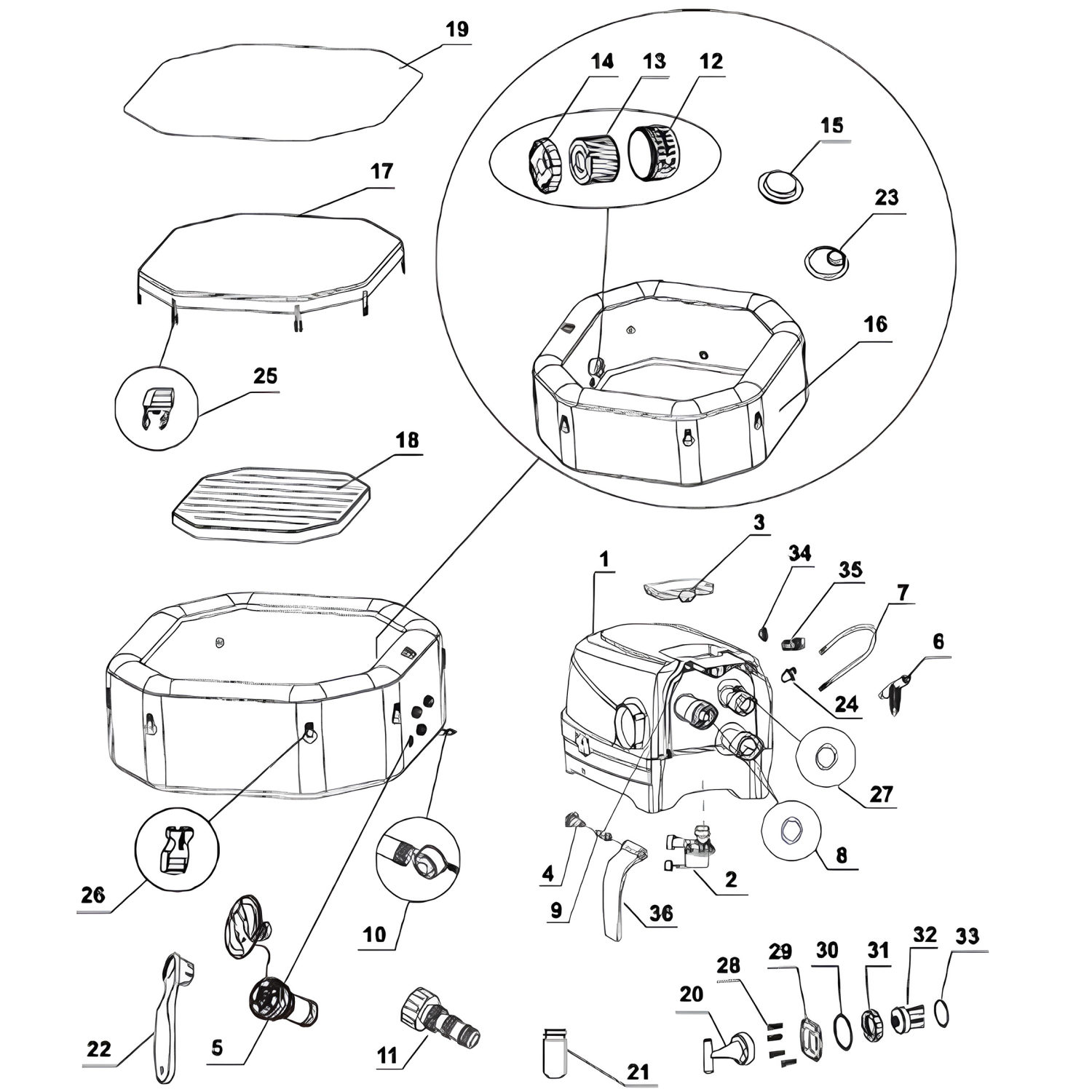 спа-центр восьмиуг., 4 чел. 201х150см, с 2 подголовн. и 2 картдридж. в комплект., 2200/220В