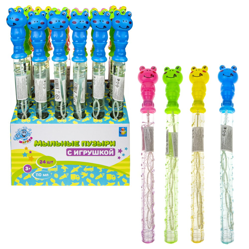 Мыльные пузыри с игрушкой 1TOY Мы-шарики! Лягушка, 110 мл, 4 цвета в ассортименте