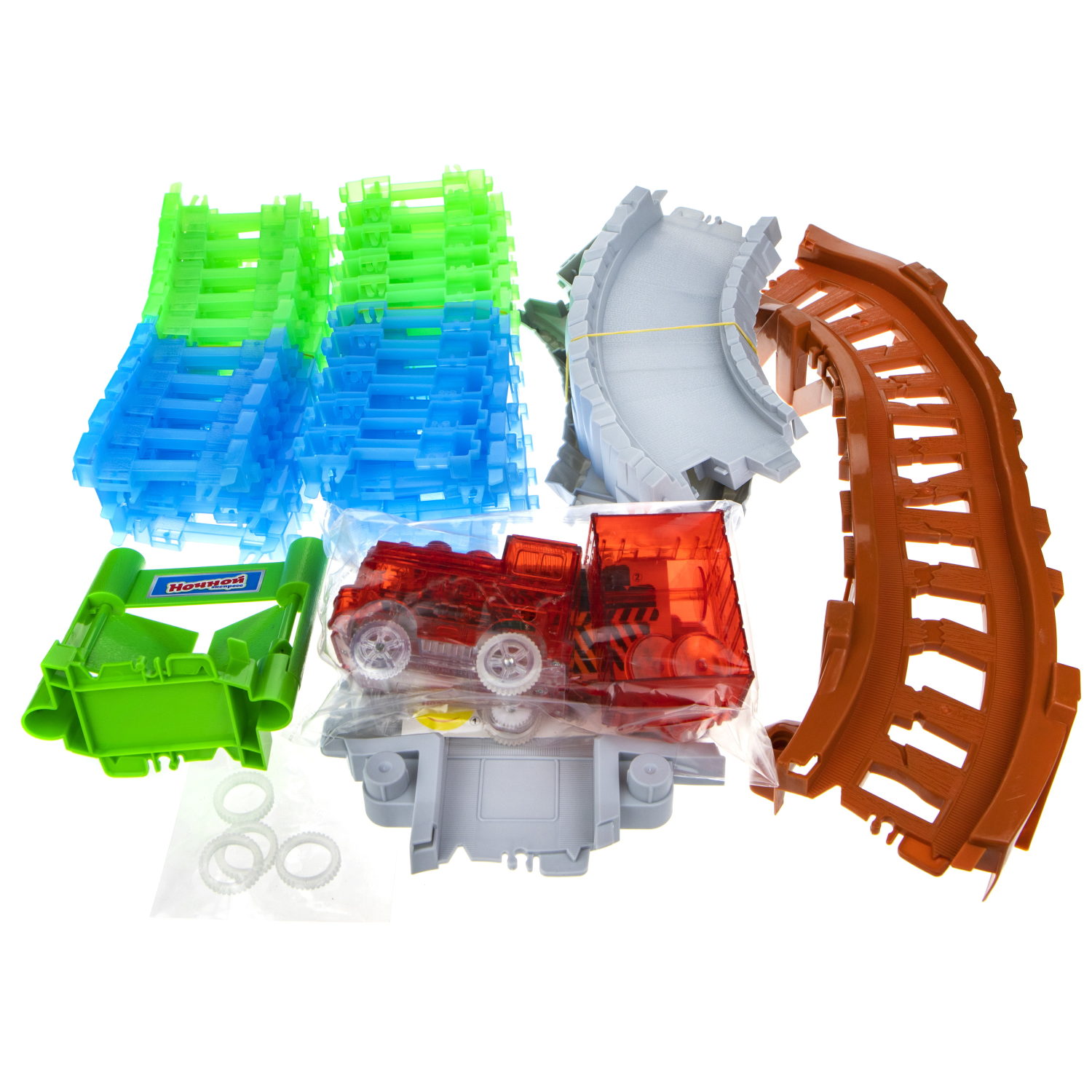 Игровой набор 1TOY Гибкий трек "Ночной Экспресс", 107 деталей, ворота, мост, поезд, дорога светится