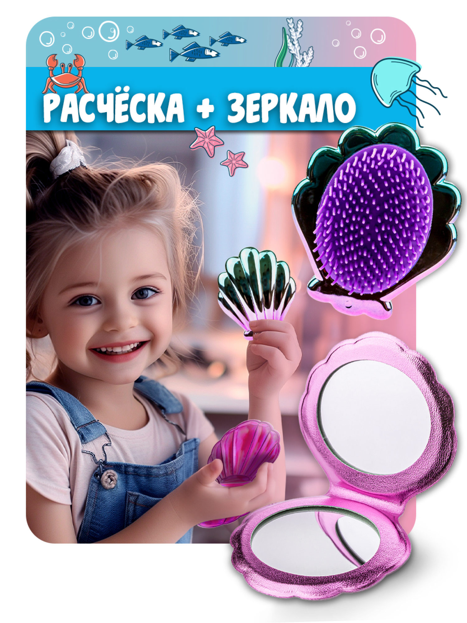 Lukky Набор 3 в 1: расческа+зеркальце "Ракушки" в косметичке, розовый