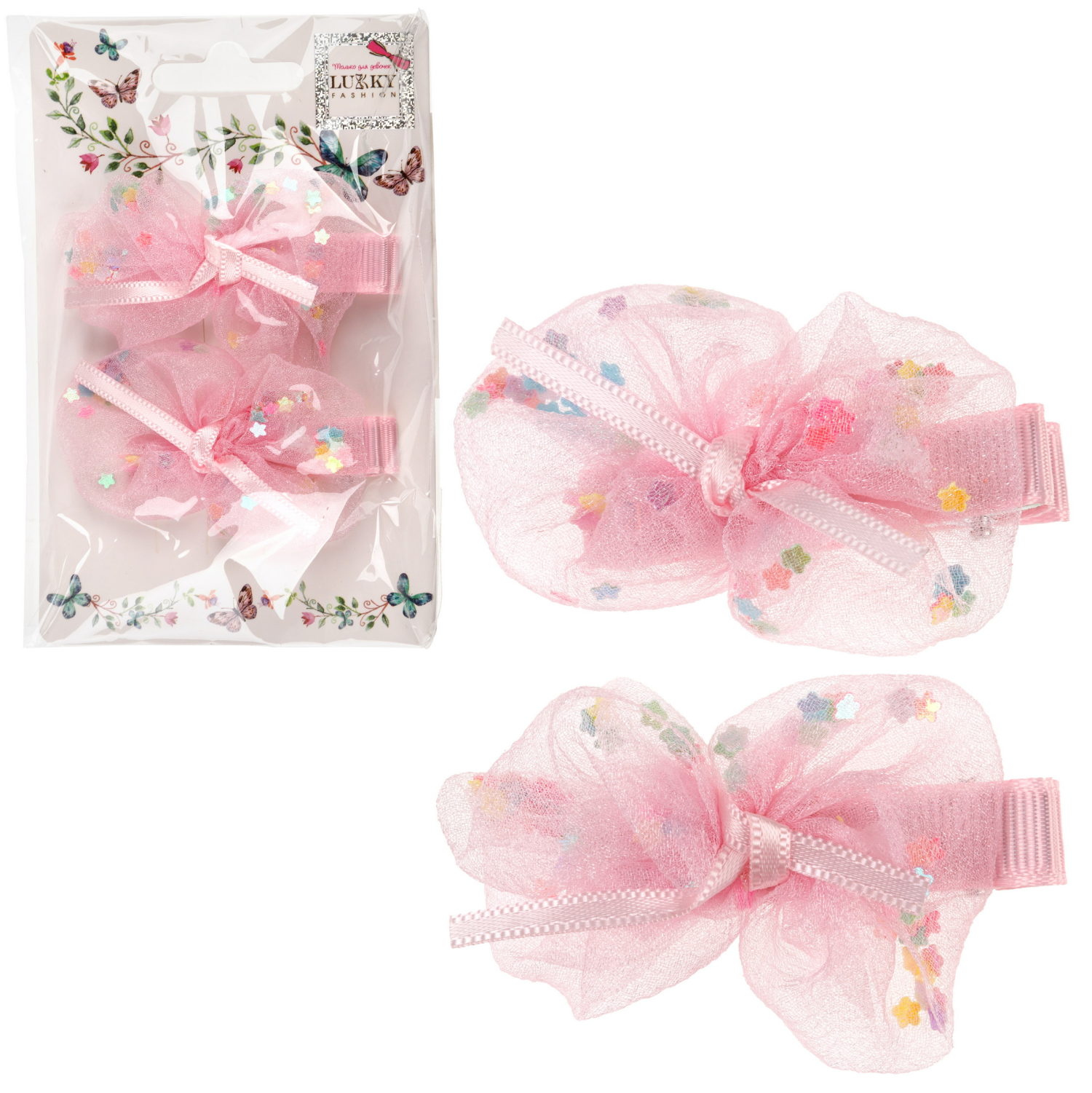 Заколки для волос Lukky Fashion Бантики с блестящей насыпкой, детские, для девочки, зажимы, 4 цвета в ассортименте, набор 2 шт.