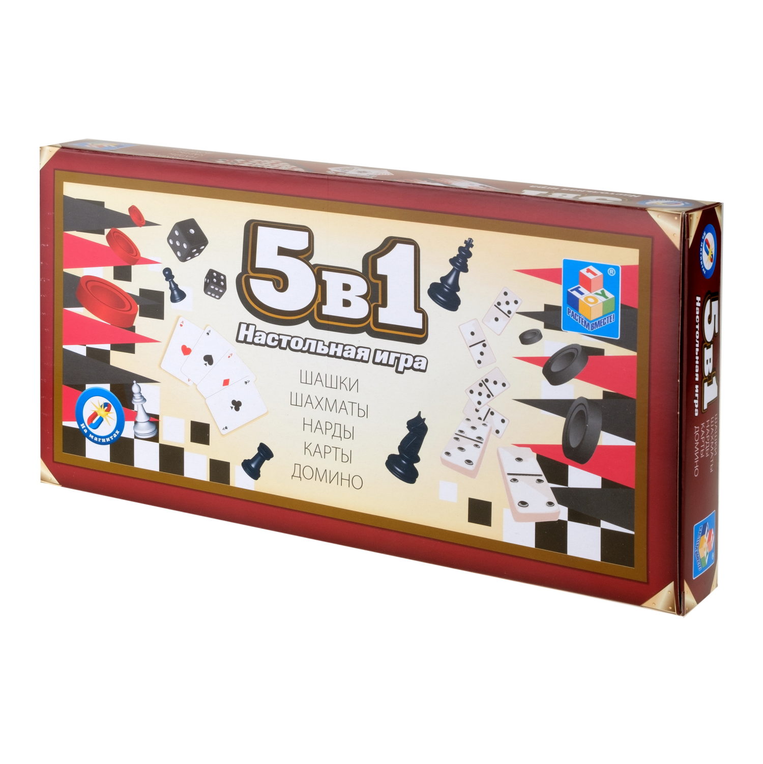 Настольные игры 1TOY 5-в-1 магнитные шахматы, нарды и шашки, домино, карты игральные 36 штук