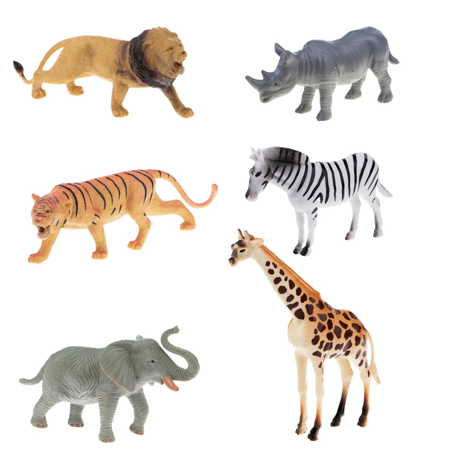 Игровой набор 1TOY "В мире животных", фигурки диких животных Африки: слон, тигр, лев, носорог, зебра, жираф, 6 шт., 15 см