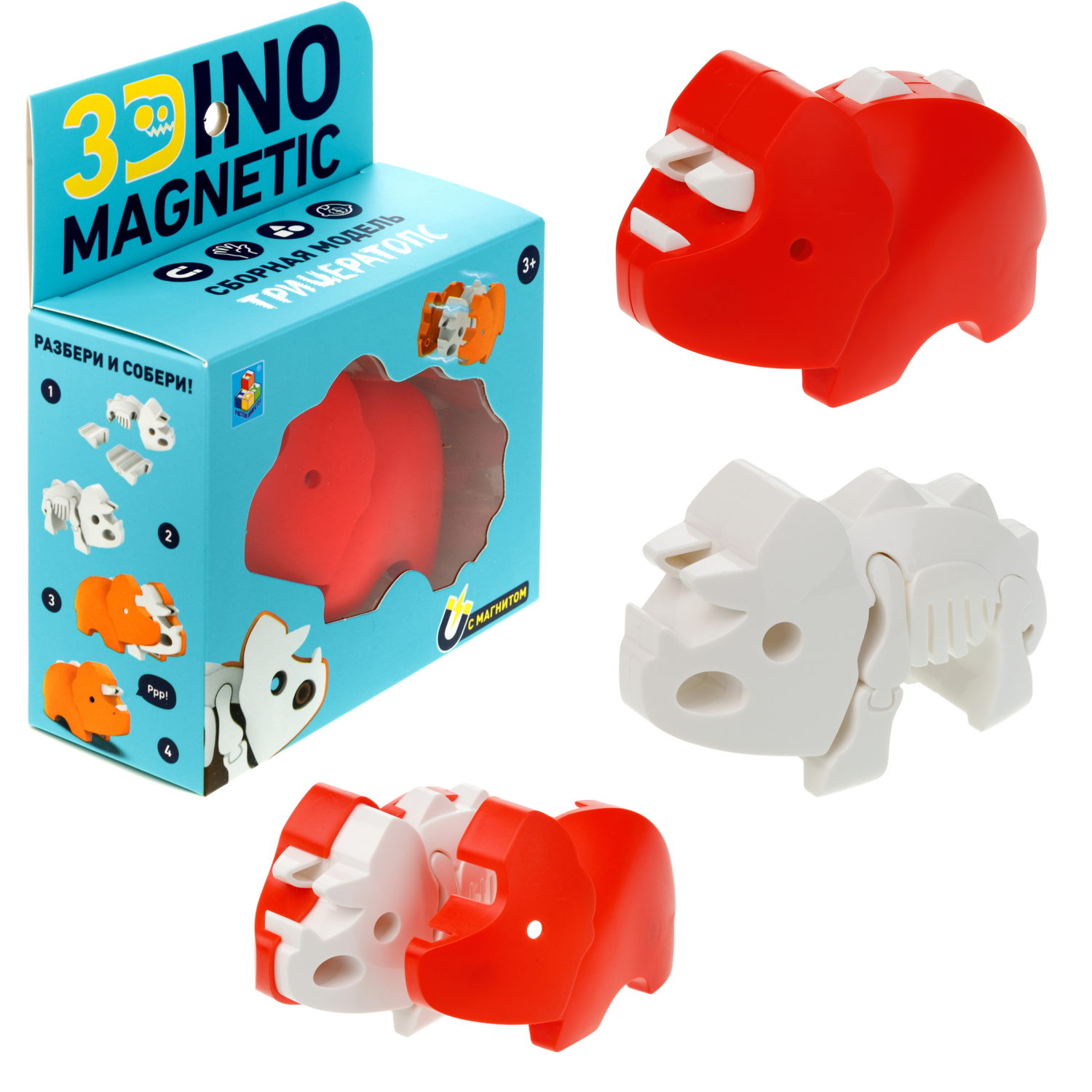Игрушка динозавр 1TOY 3Dino Magnetic Трицератопс, сборный, с магнитом, для развития моторики и сил рук, цвет в ассортименте