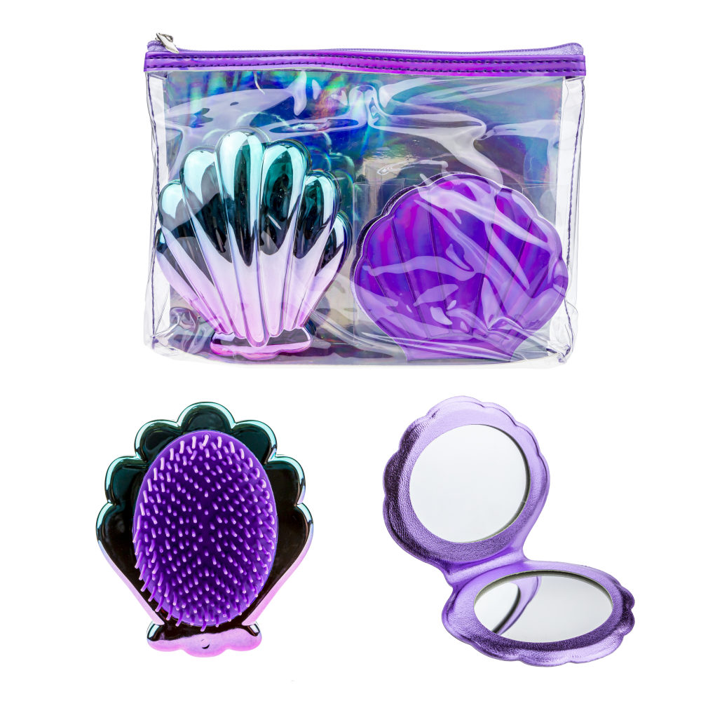 Lukky Набор 3 в 1: расческа+зеркальце "Ракушки" в косметичке, фиолетовый