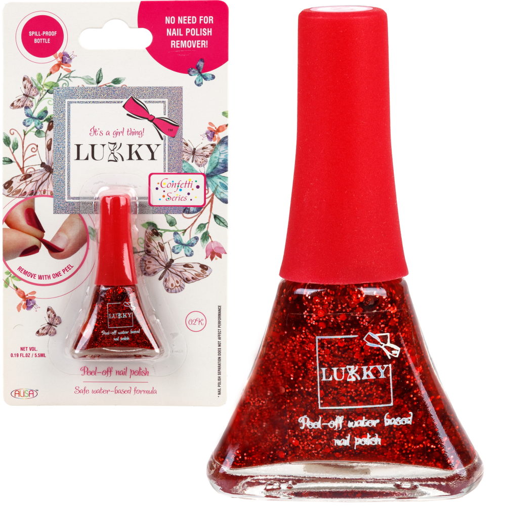Детский лак для ногтей на водной основе с блестками Lukky, Конфетти, безопасный, цвет 02К, красный, блистер, 5,5 мл
