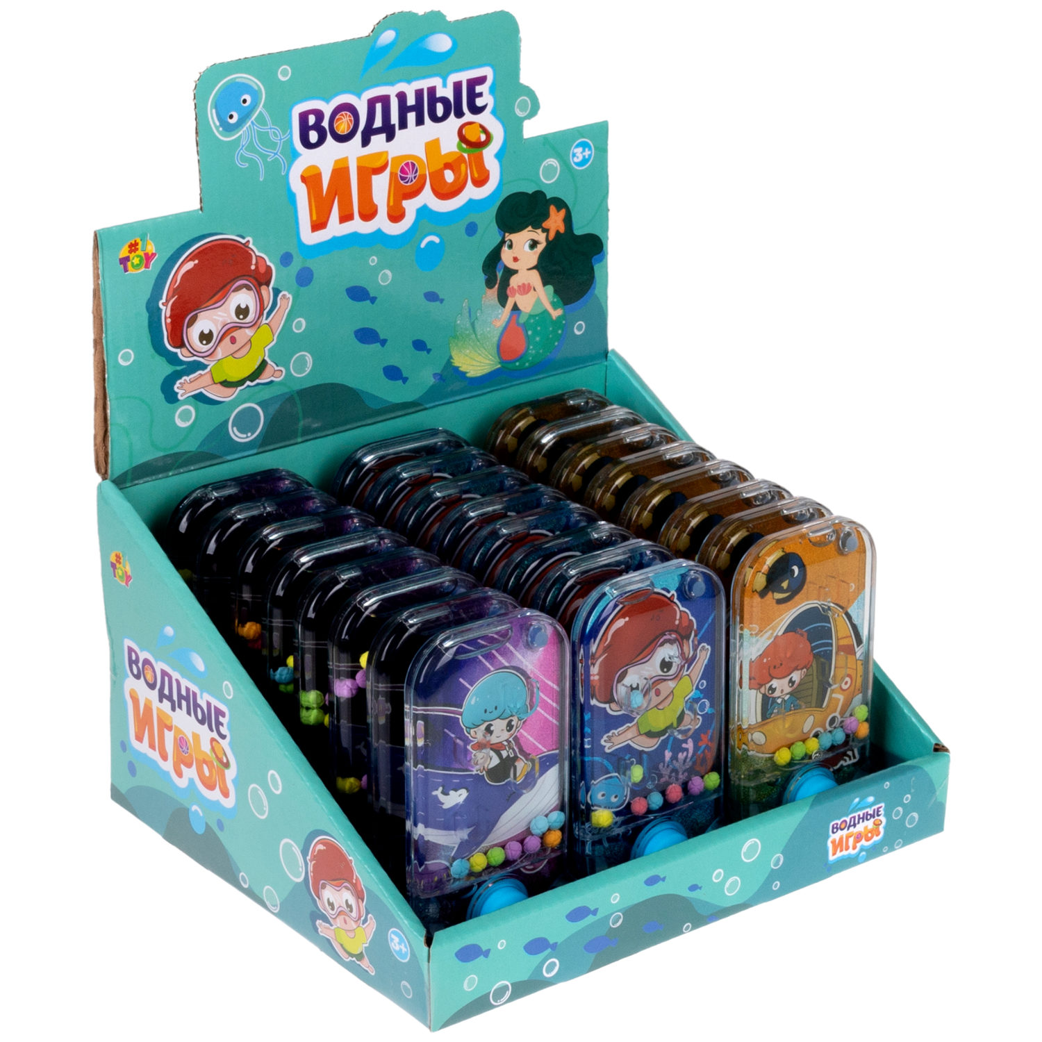 1TOY Игра с водой забрось мячики дайверы, 3 вида в асс. 11,5*6*2см, 24 шт в дисплей боксе