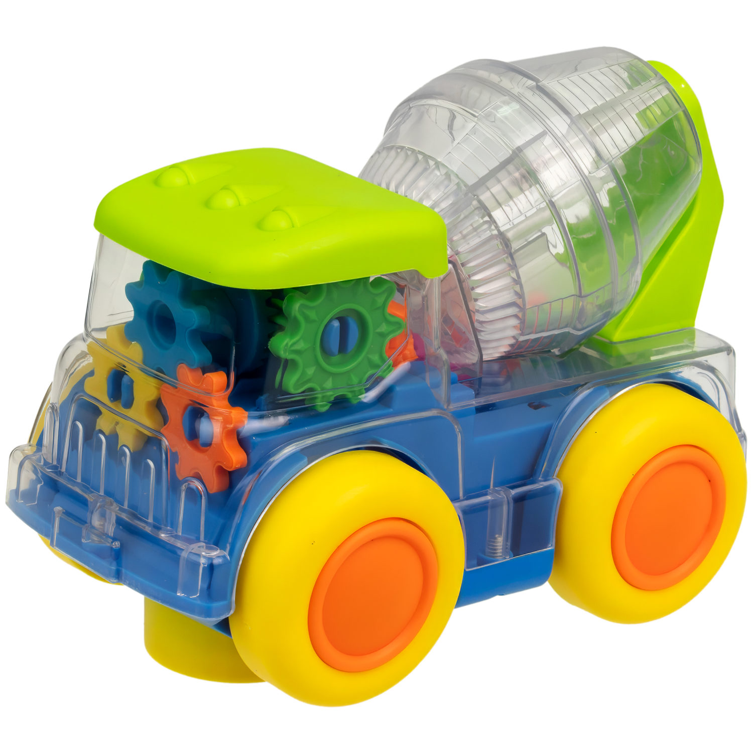 Машинка 1TOY Движок «Бетономешалка», спецтехника, прозрачная с шестеренками, со светом и звуком, 1 шт.