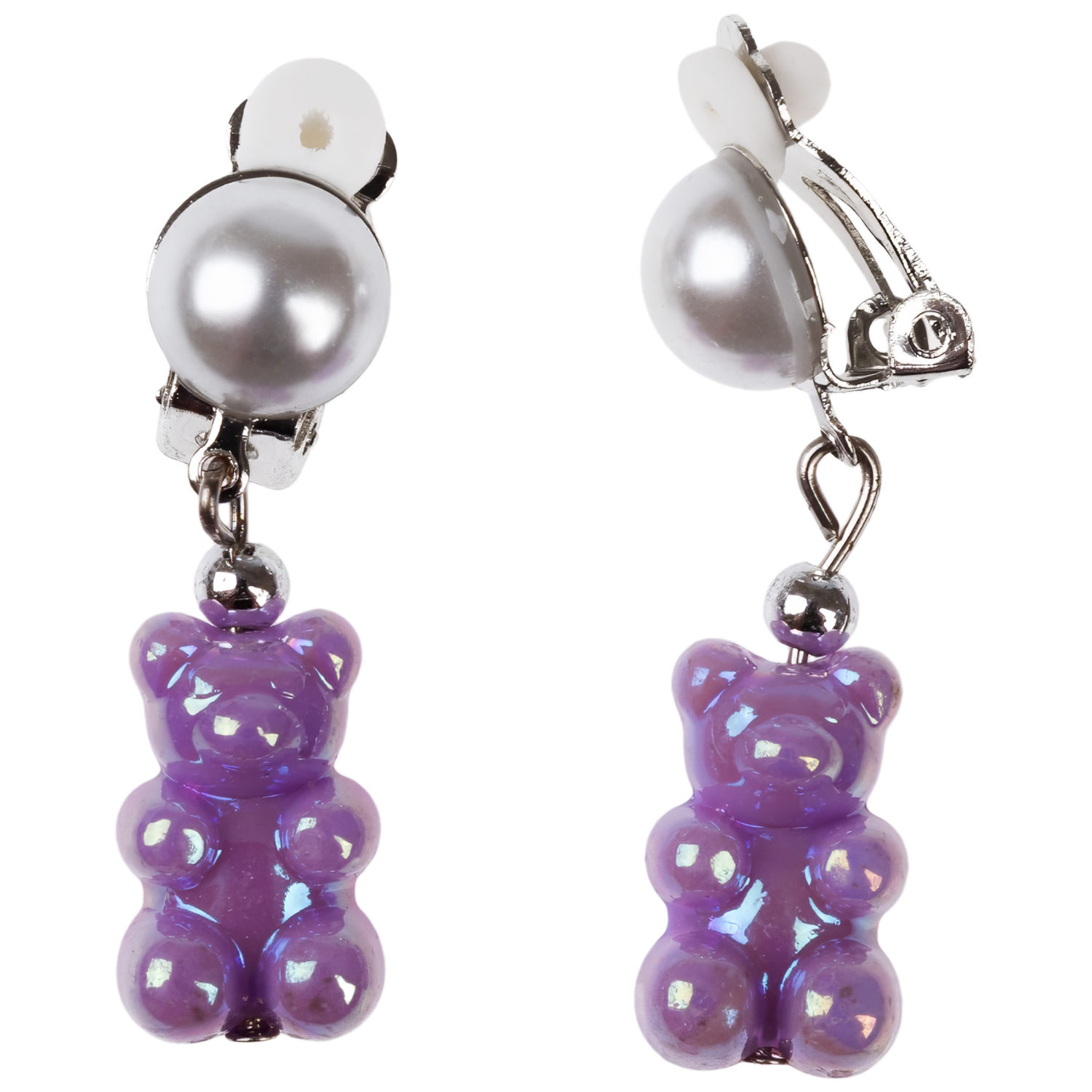 Набор украшений Lukky Fashion "Перламутровые фиолетовые мишки" из глазированных бусин: 3 браслета, клипсы для ушей, бусы с подвеской