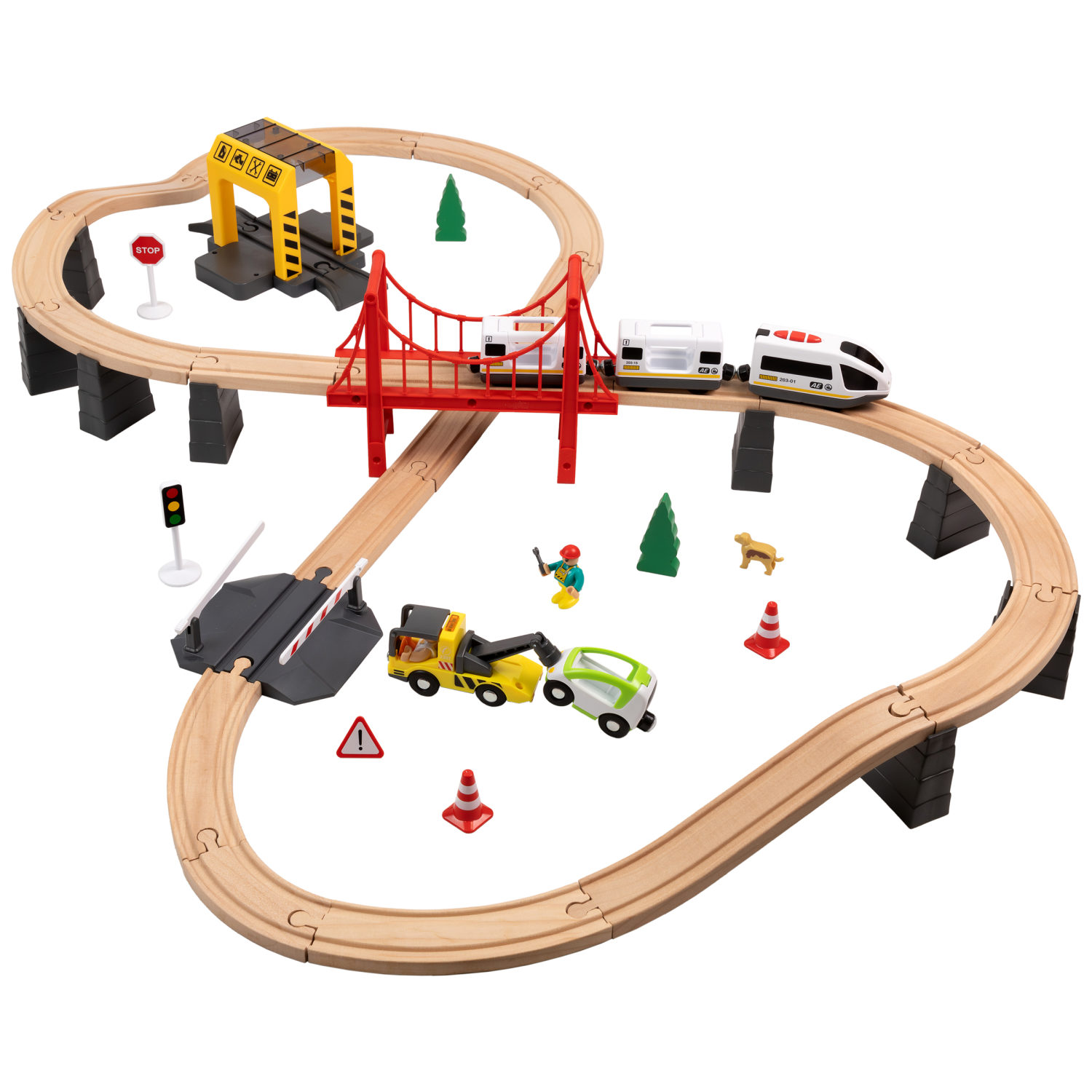 Деревянная железная дорога 1TOY GOODOK с электропоездом, 57 элементов