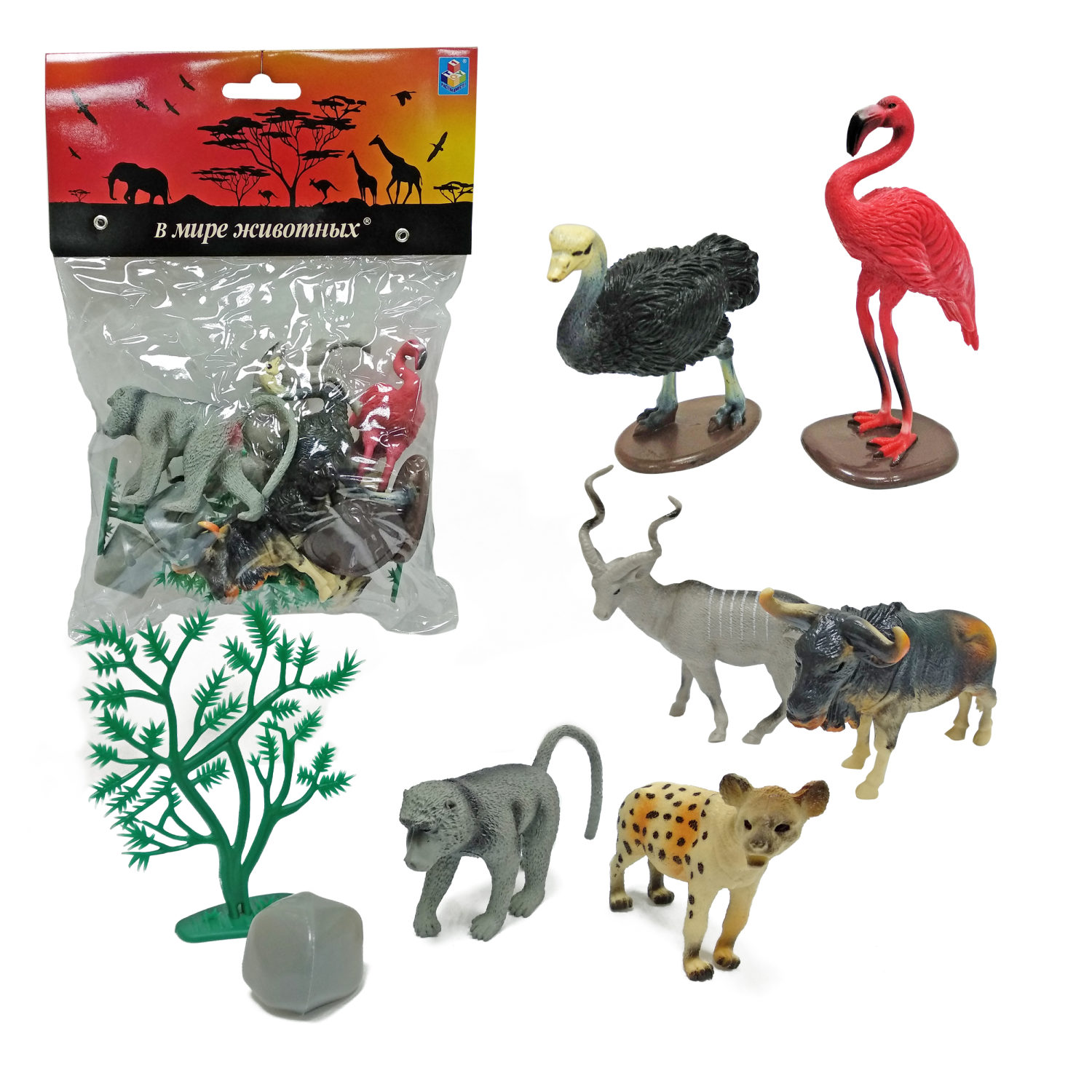 Игровой набор 1TOY "В мире животных", фигурки диких животных Африки: фламинго, страус, обезьяна, гиена, орикс, 10 шт., 17 см.