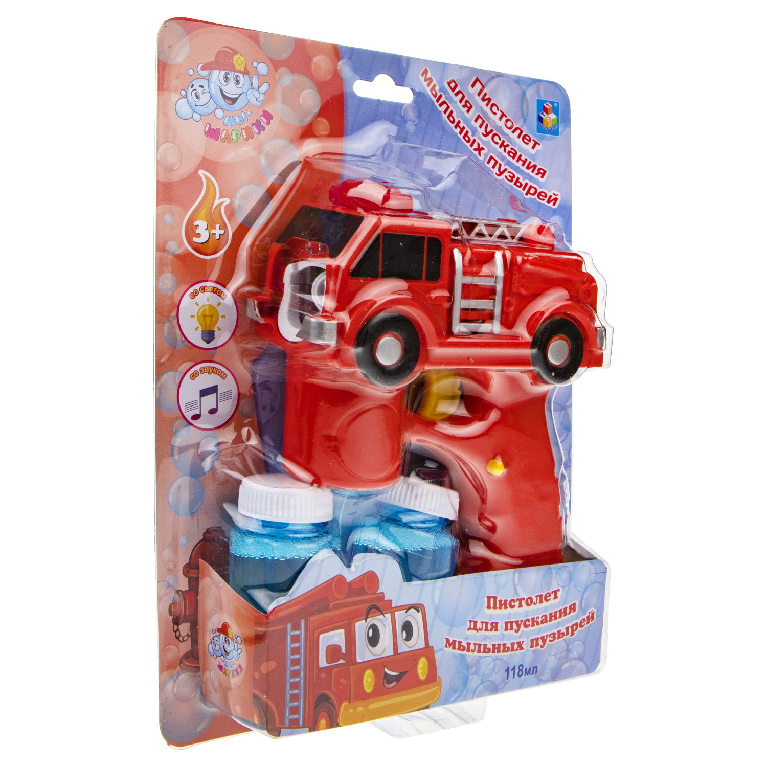 Набор для пускания мыльных пузырей 1TOY "Мы-шарики!" с пистолетом в виде пожарной машины. Со световыми и звуковыми эффектами. (118 мл.)