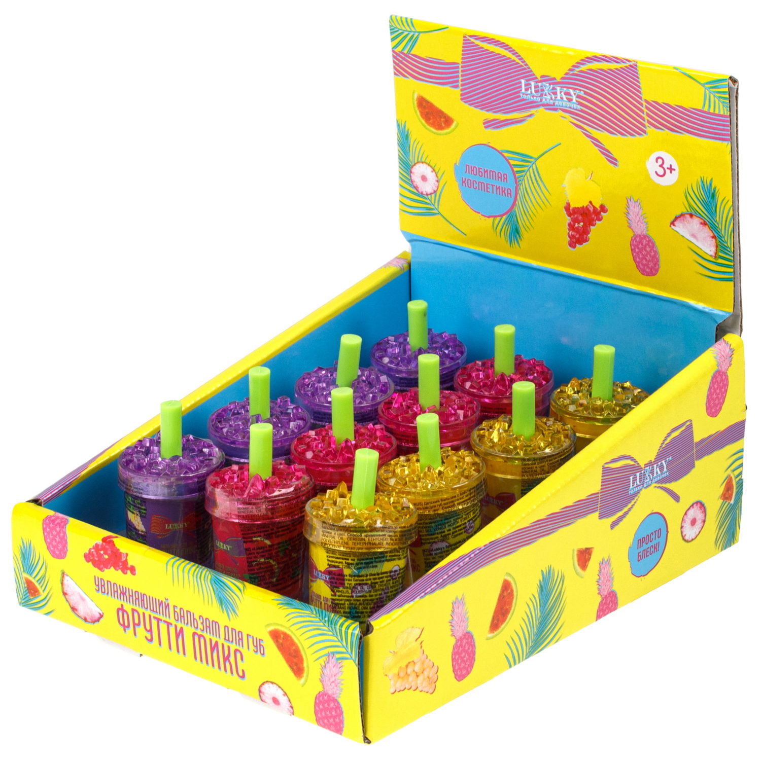 Lukky Фрутти Микс,бальзам д.губ увлажняющий,3,8г,12 шт дисплей бокс, 3 цвета в ассортименте