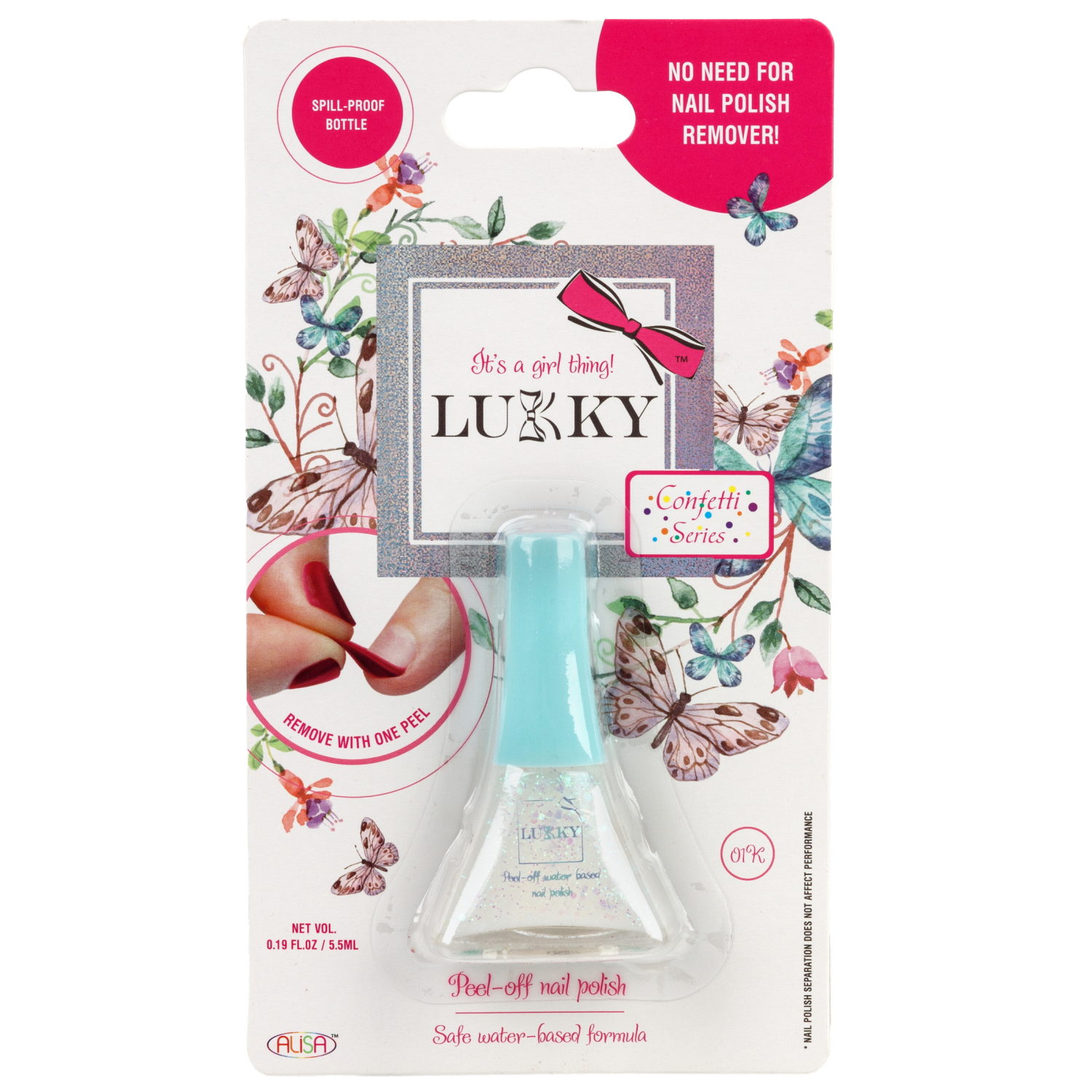 Детский лак для ногтей на водной основе с блестками Lukky, Конфетти, безопасный, цвет 01К, перламутр, блистер, 5,5 мл