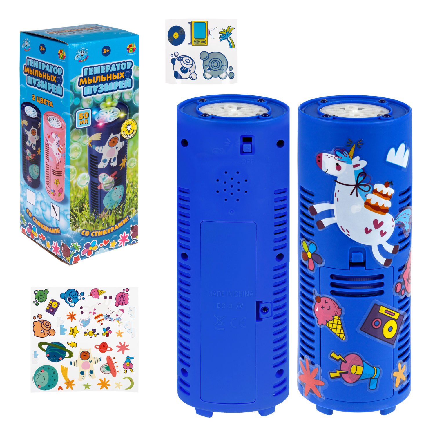 Генератор мыльных пузырей 1TOY Мы-шарики! со стикерами, светом, 100 мл