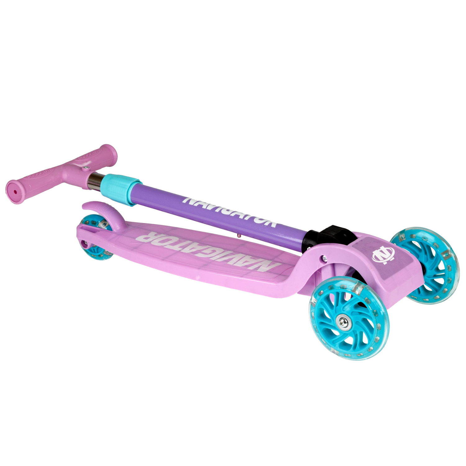 Самокат Navigator, упр.накл, PVC светящ. кол.2х110мм/80мм, складной, высота руля 58-72см, дека 36*12см, пласт ручки, пакет, розовый