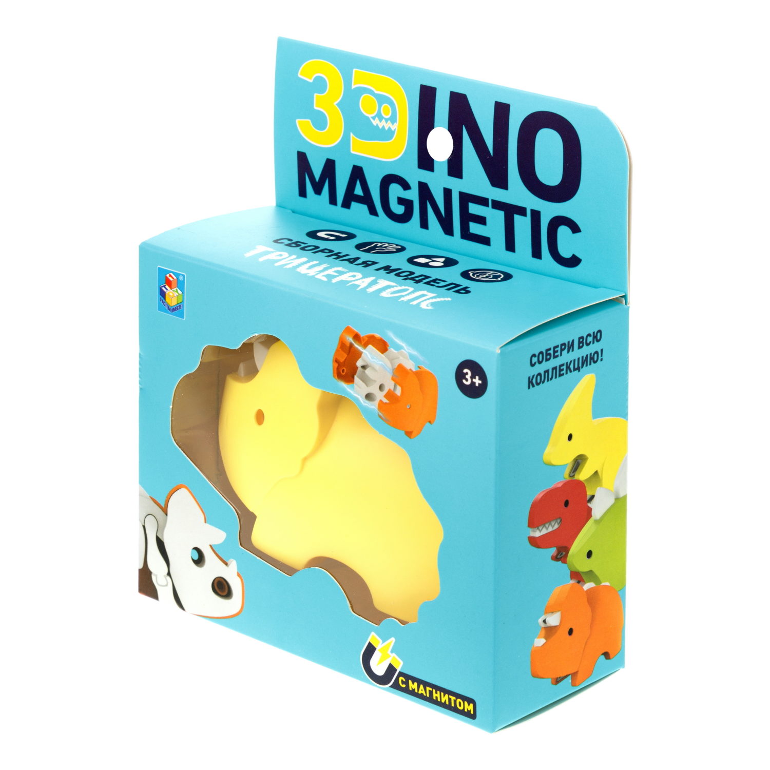 Игрушка динозавр 1TOY 3Dino Magnetic Трицератопс, сборный, с магнитом, для развития моторики и сил рук, цвет в ассортименте