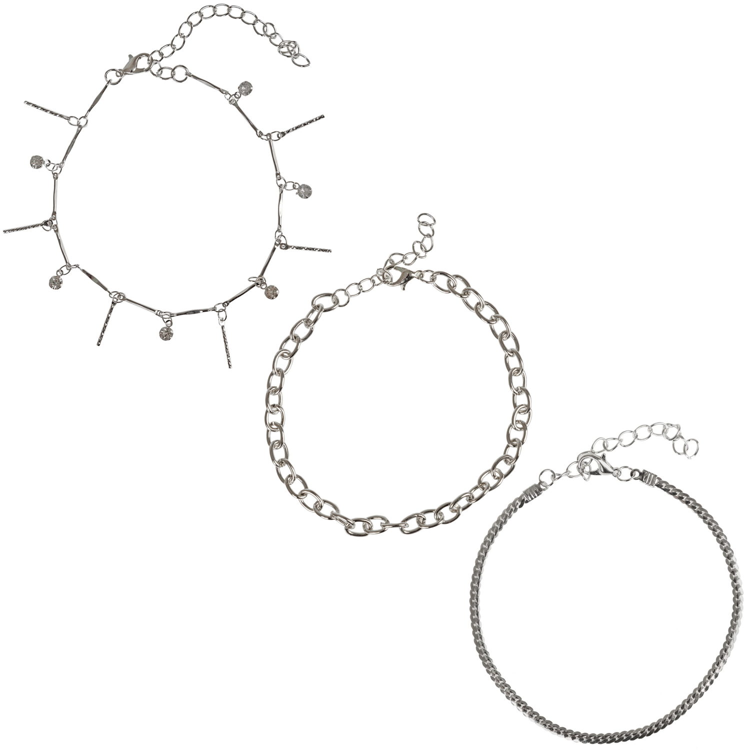 Набор 3 браслетов-цепочек Lukky Fashion, микс, серебряного цвета, со стразами