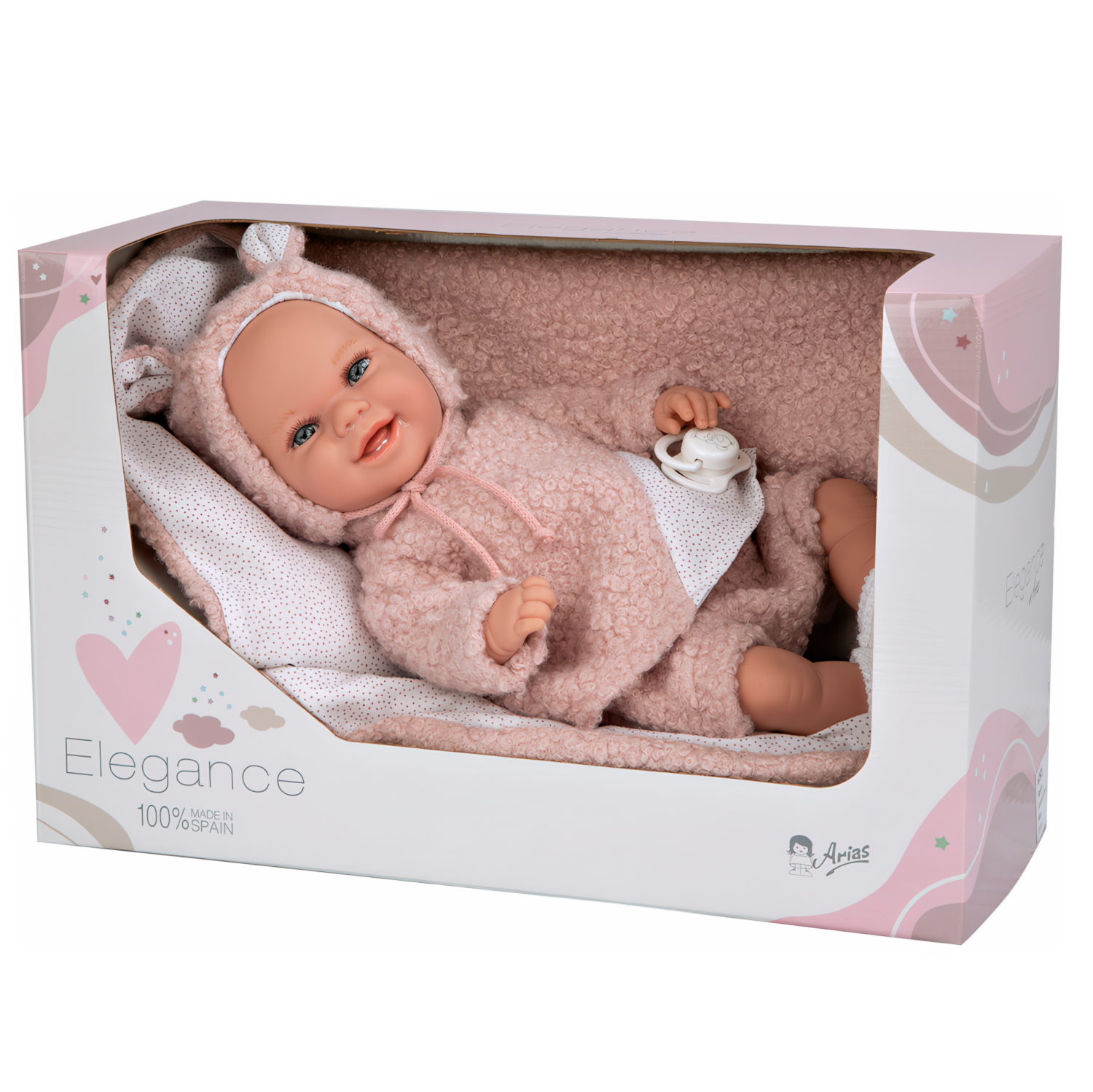 Arias ELEGANCE BABYTO кукла утяжеленная мягк.с винил.конечностями,35 см,в мех.комбинезоне с капюшоном с ушками,с пледом,с соской