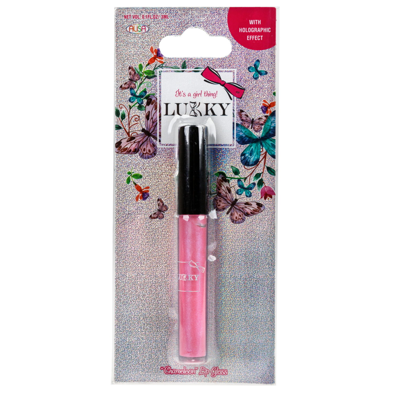 Lukky Голографический блеск для губ 3 мл, розовый, с ароматом черной смородины, блистер-А