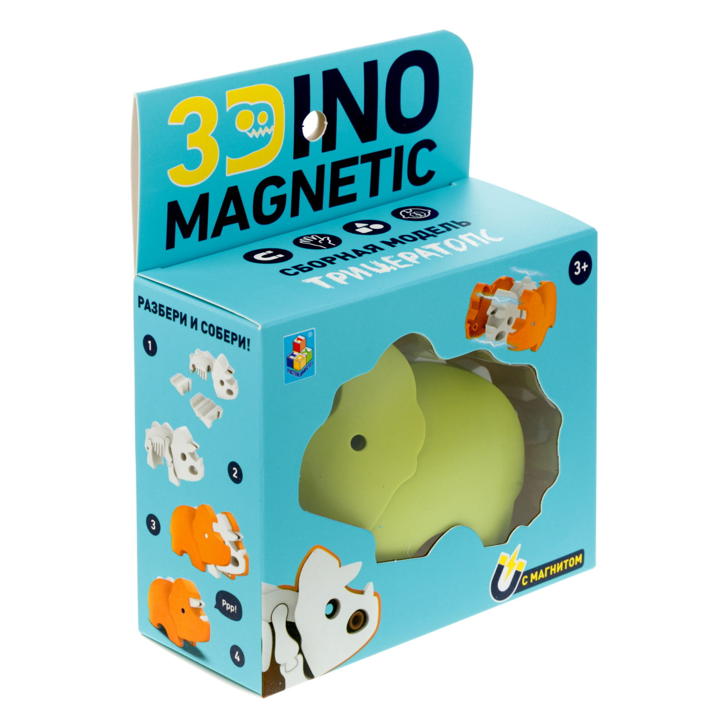 Игрушка динозавр 1TOY 3Dino Magnetic Трицератопс, сборный, с магнитом, для развития моторики и сил рук, цвет в ассортименте