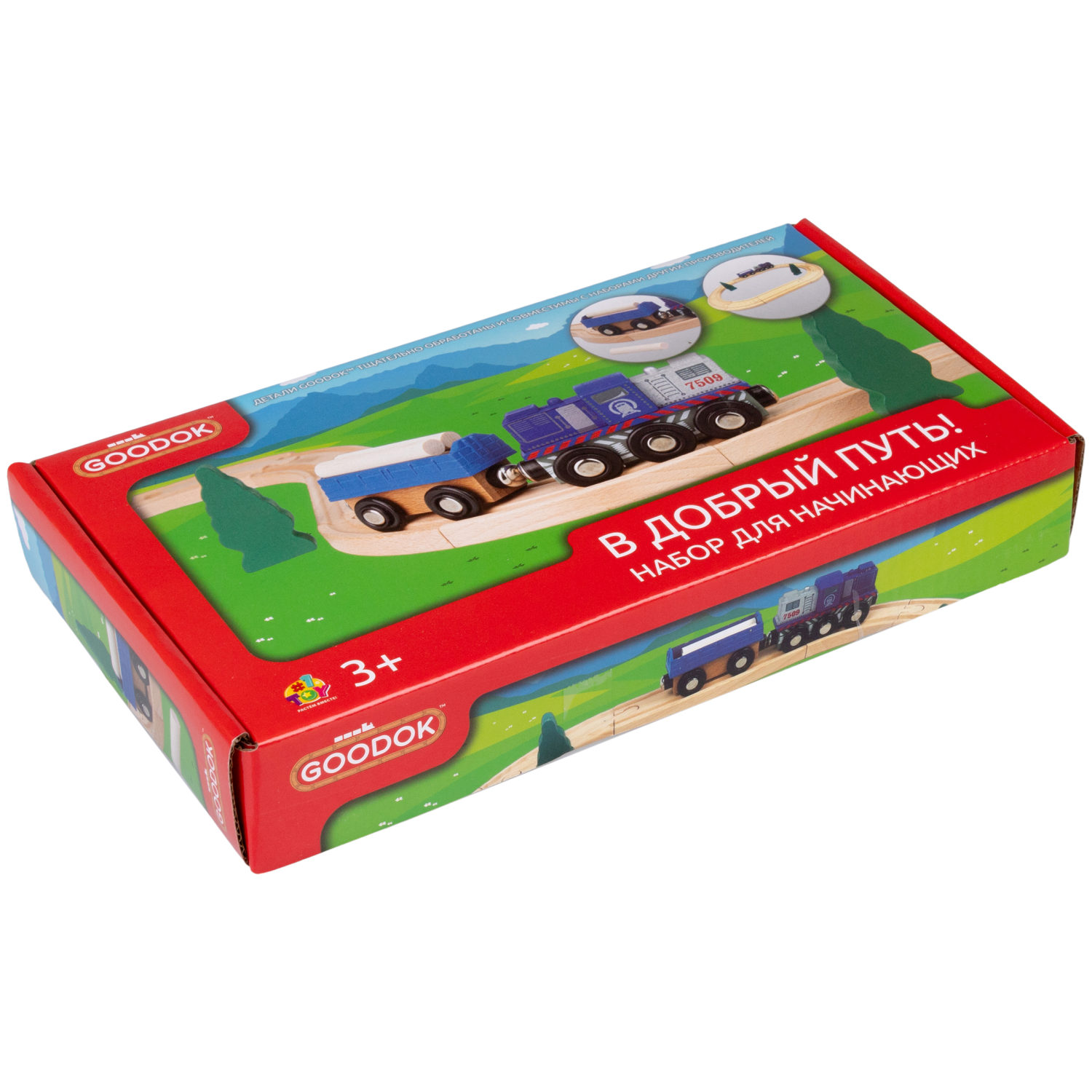 1TOY Goodok наб. ж/д базовый "В добрый путь!" с синим дерев.грузовым локомотивом с вагоном с 3 бревнами,16 дет.,кор.
