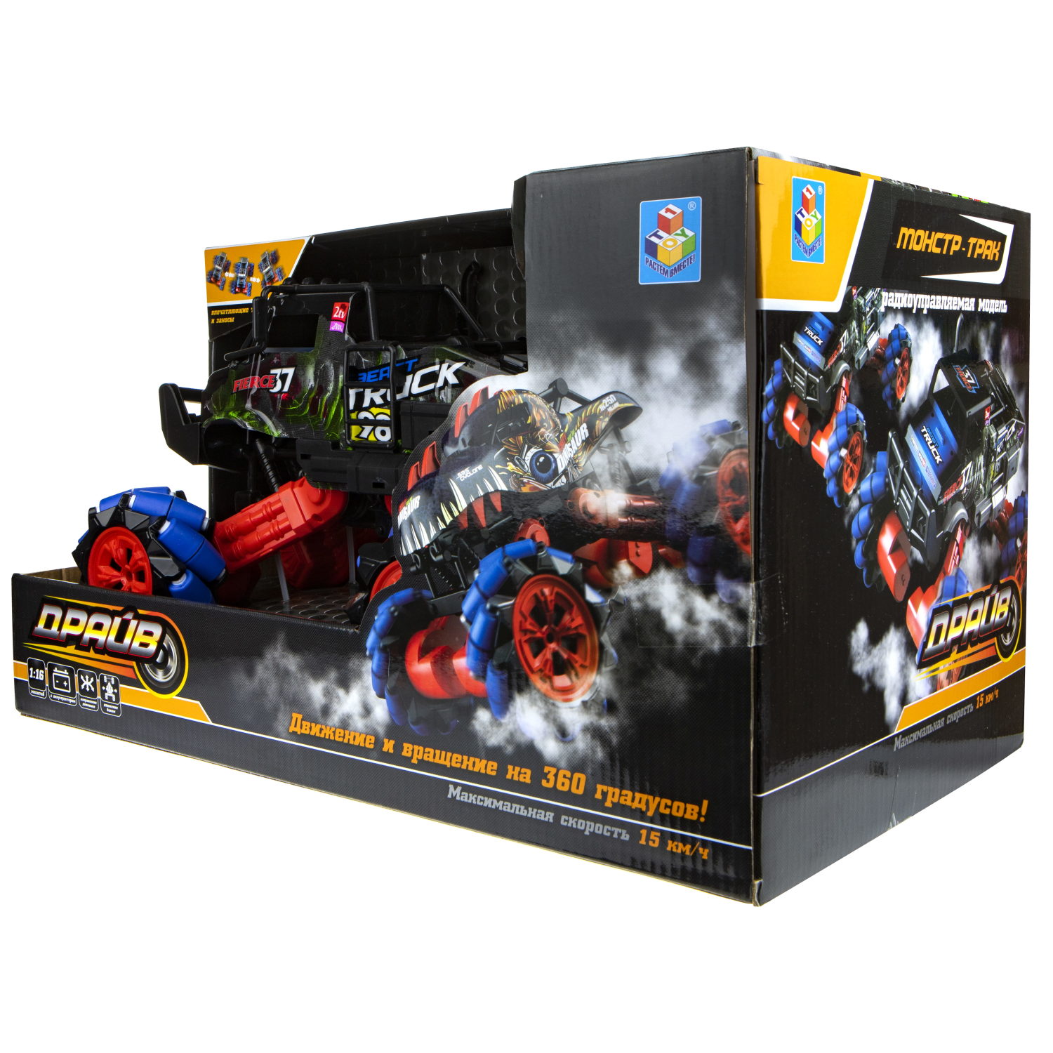 Машинка на пульте управления 1TOY Драйв, Монстр-трак Динозавр, черно-синий