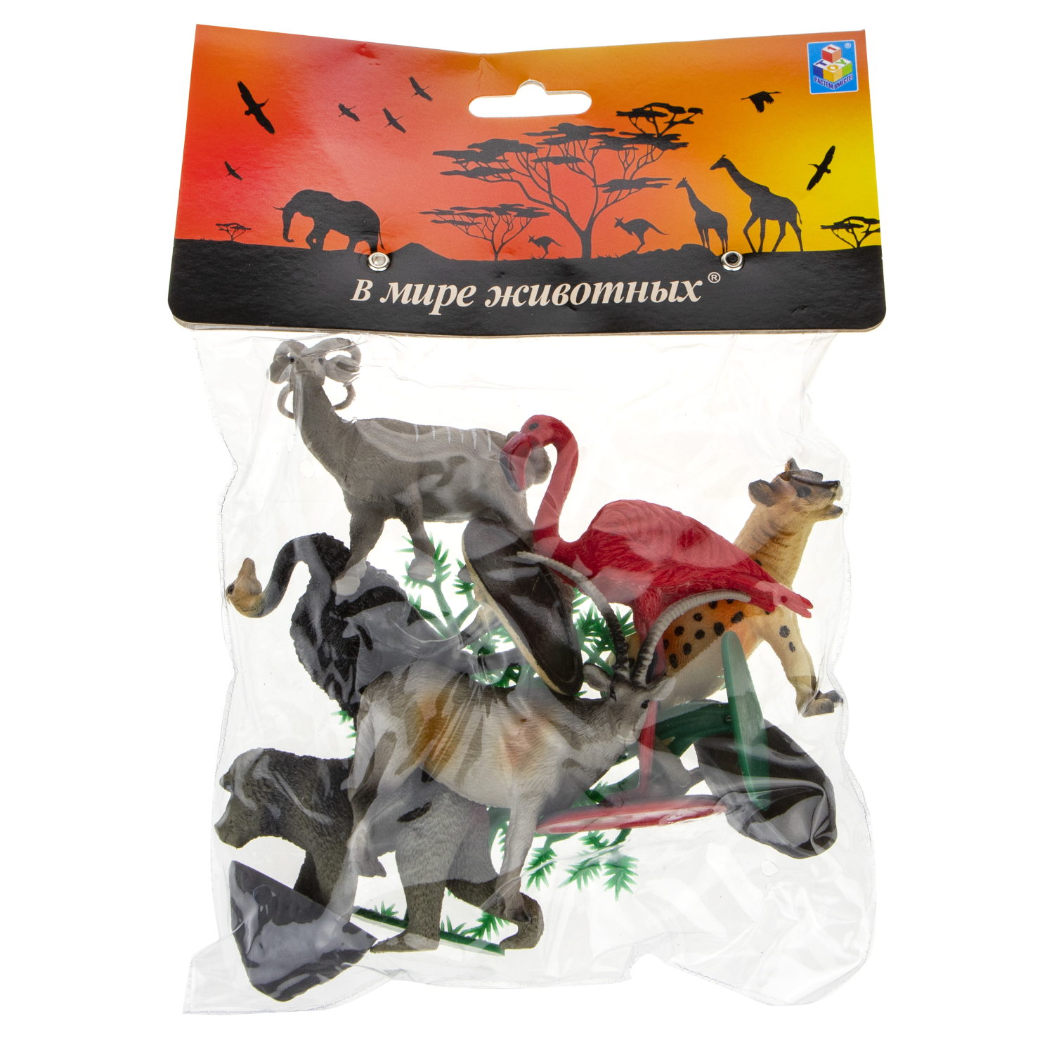 Игровой набор 1TOY "В мире животных", фигурки диких животных Африки: фламинго, страус, обезьяна, гиена, орикс, 10 шт., 17 см.