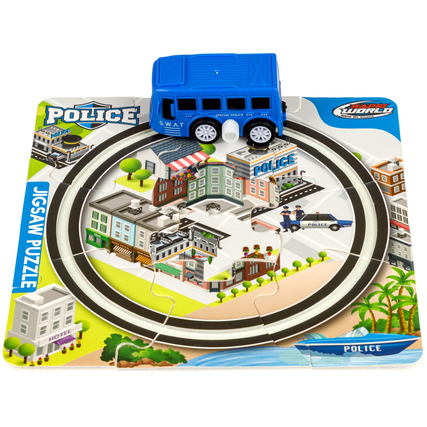 Игровой набор 1TOY Пазл-трек "Мегаполис" с машинкой, 4 вида, 10 деталей