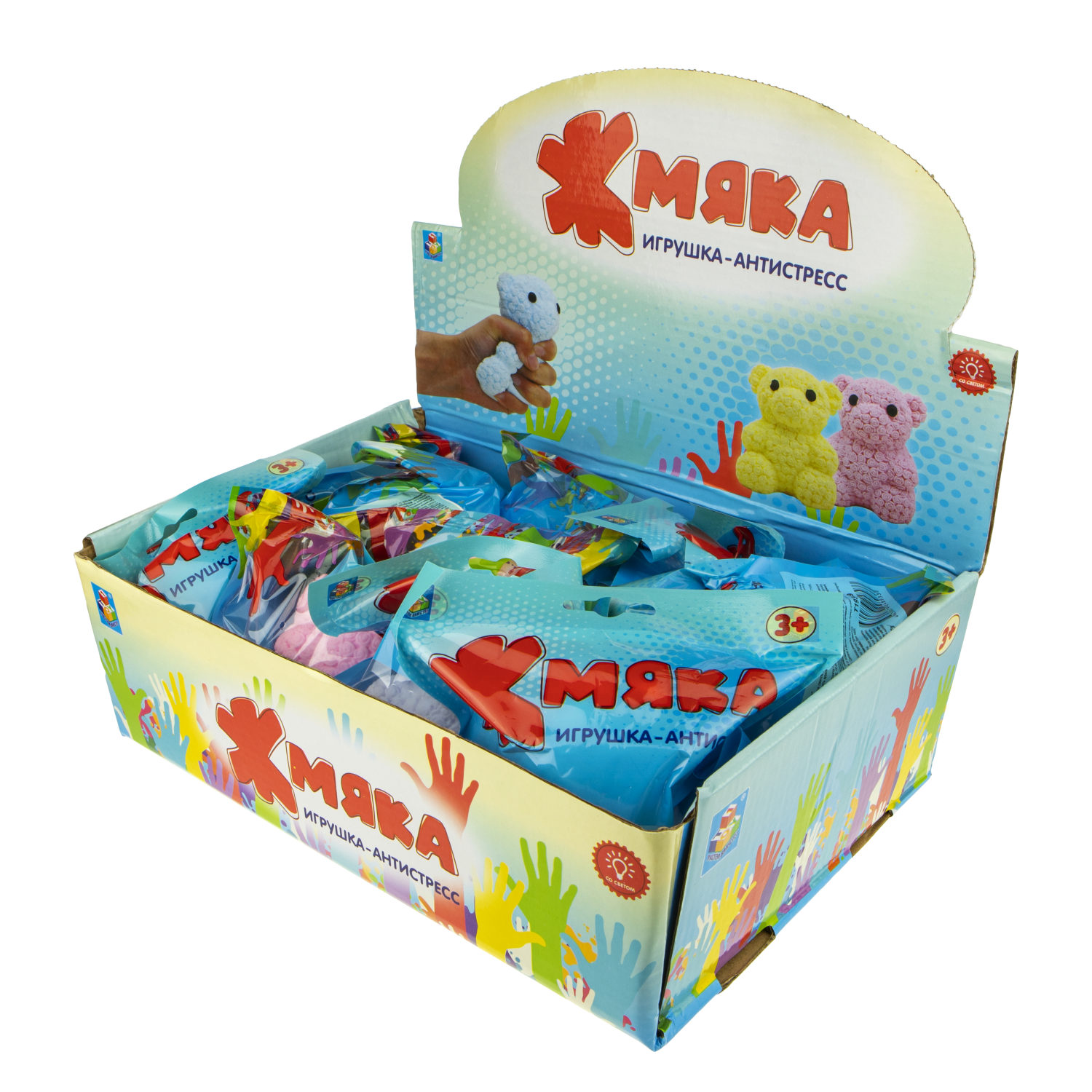 1toy Жмяка мишка в розах со светом, 8*6 см, 4 цвета, цветной пакет с подвесом, 12 шт в д/б