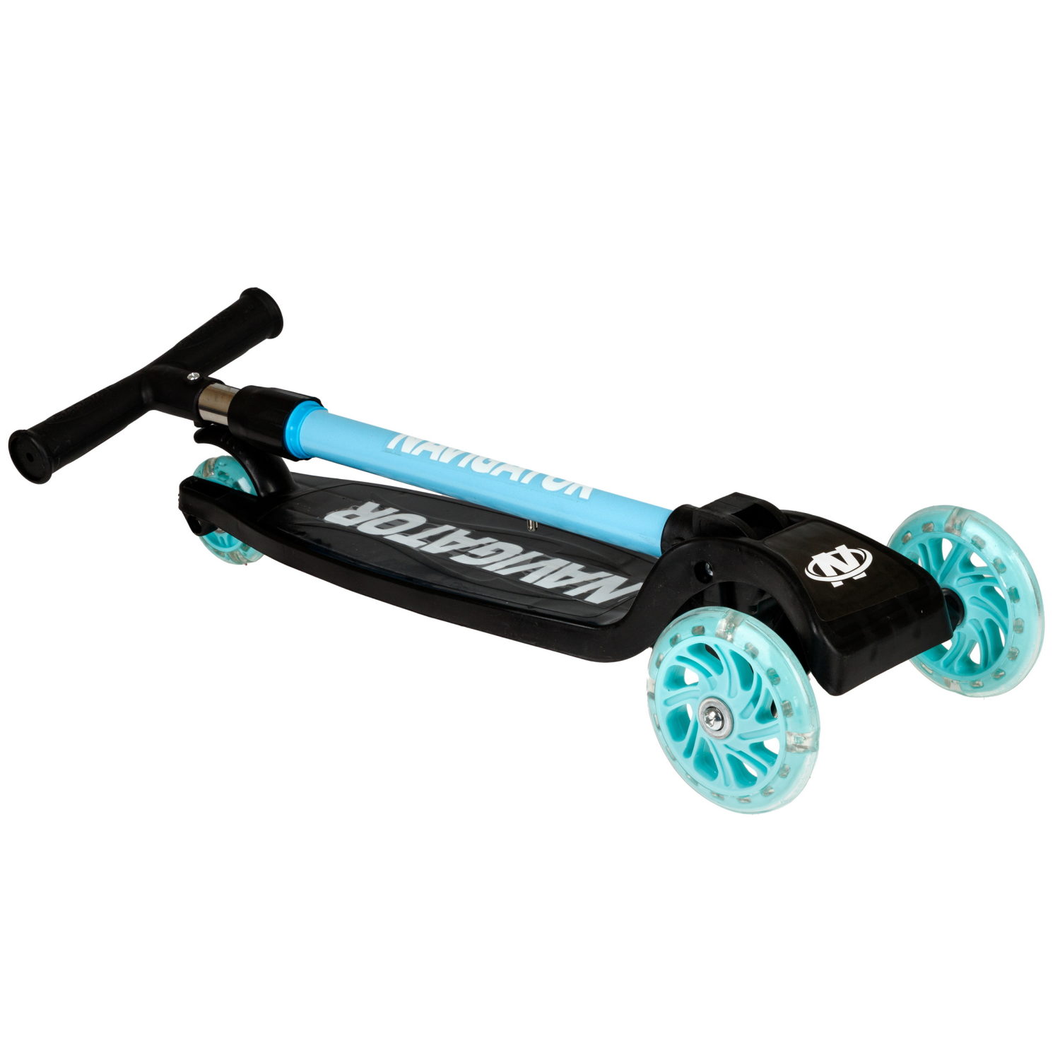 Самокат Navigator, упр.накл, PVC светящ. кол.2х110мм/80мм, складной, высота руля 58-72см, дека 36*12см, пласт ручки, пакет, черный с голубым