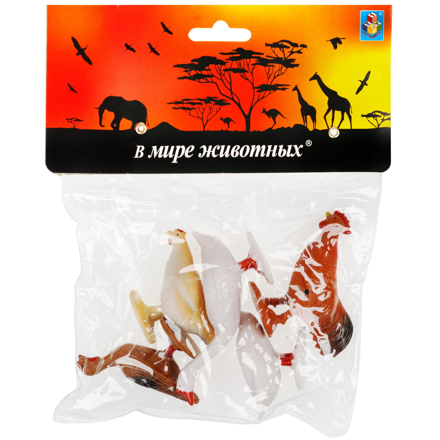 Фигурки животных 1TOY "В мире животных", игровой набор ферма: петух, курица, гуси, индейка, 5 шт.,  4-8 см