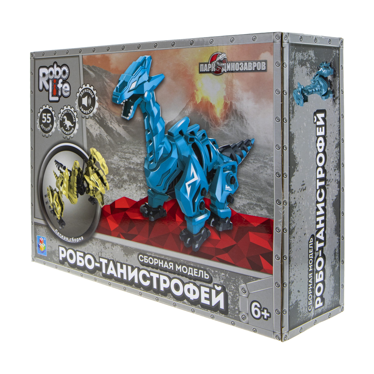 Интерактивная игрушка - конструктор 1TOY RoboLife динозавр Робо-танистрофей, синий, 55 деталей, звуковые и эффекты движения