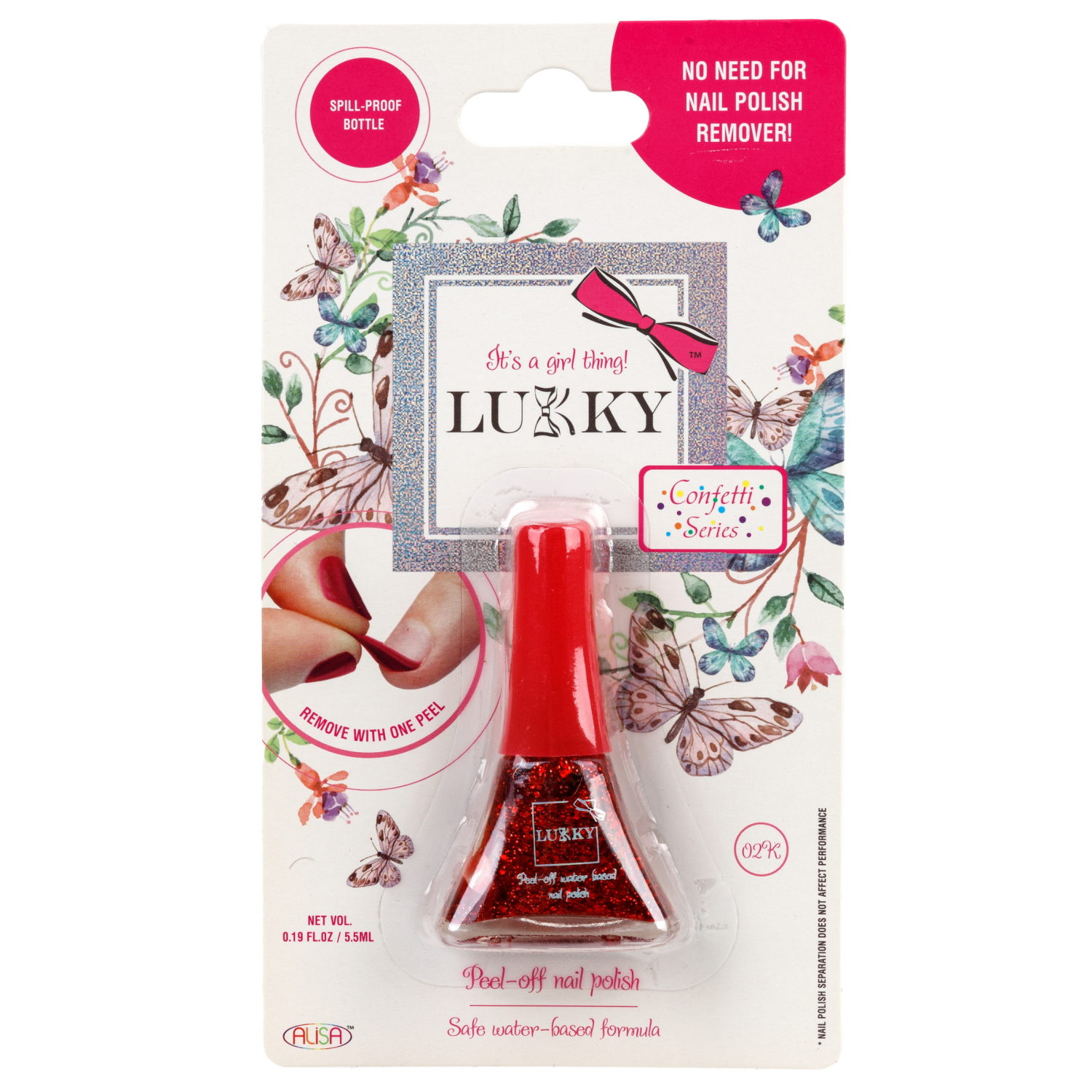 Детский лак для ногтей на водной основе с блестками Lukky, Конфетти, безопасный, цвет 02К, красный, блистер, 5,5 мл