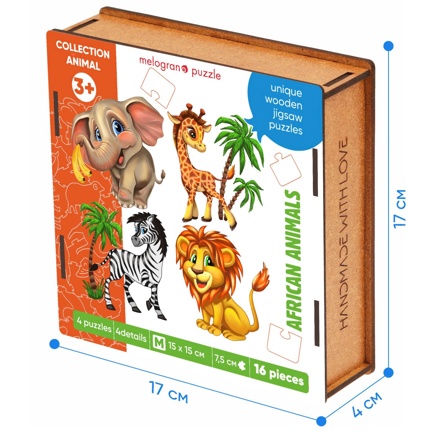 Деревянные пазлы Collection Animals Африка, 4 пазла по 4 детали, 16 деталей.