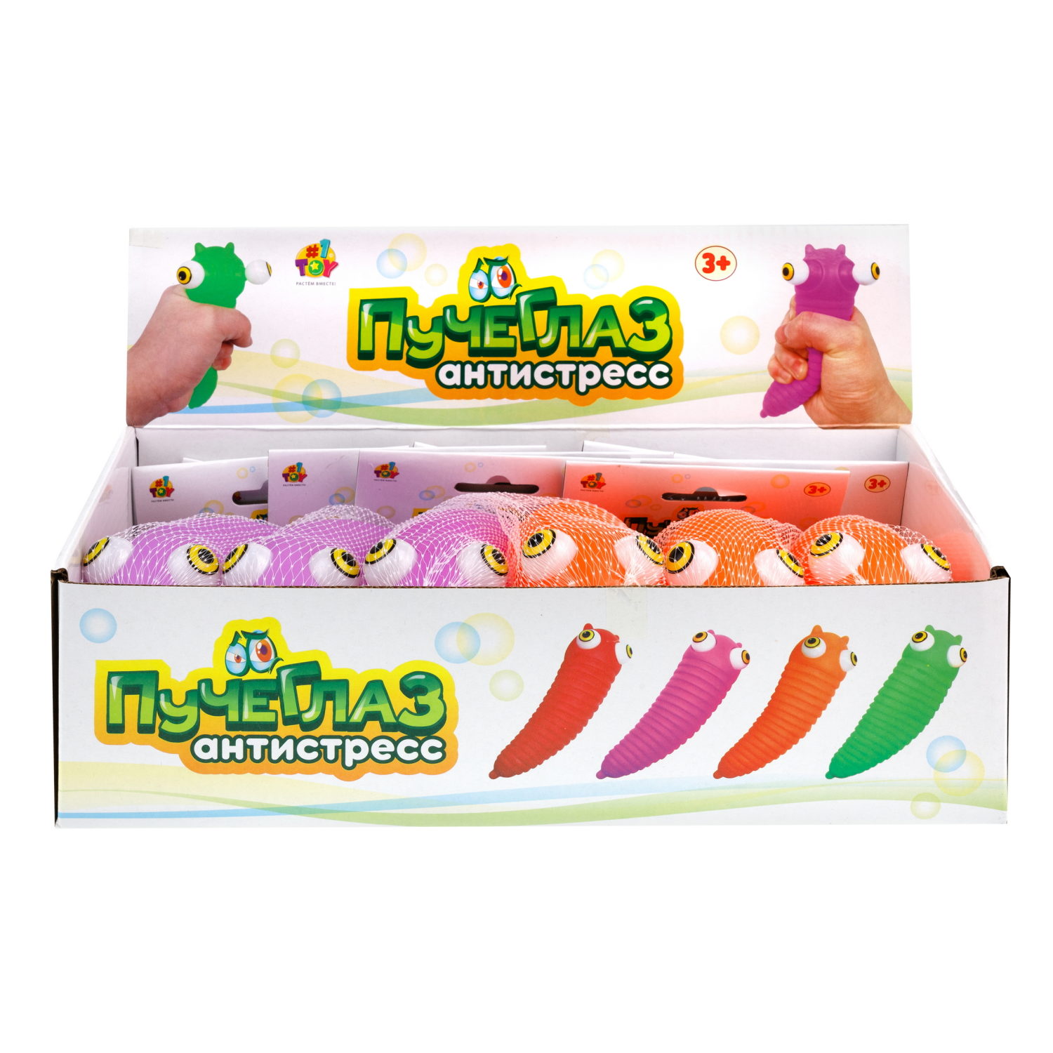 1toy Пучеглаз-антистресс "Слизень" 4,6х4х15 см, 4 вида в ассортименте
