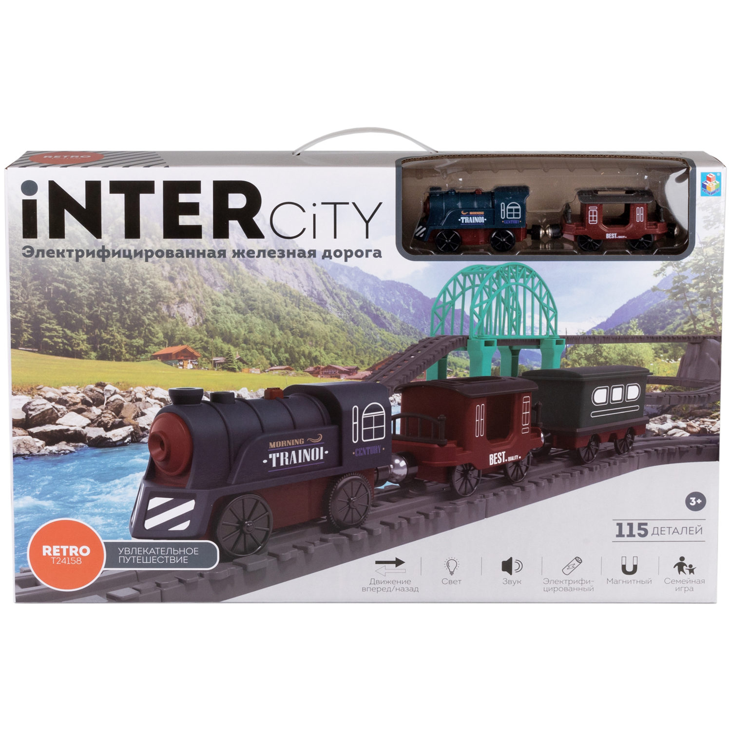 Детская железная дорога с электропоездом 1TOY InterCity, со светом, звуком, паровоз на рельсах, в подарочном наборе, 115 деталей