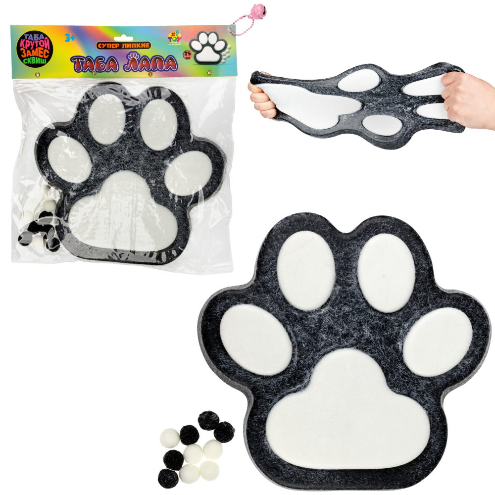 Таба лапа пушистая 1TOY Крутой замес, большая, 26х23,5х2 см, черная с белым