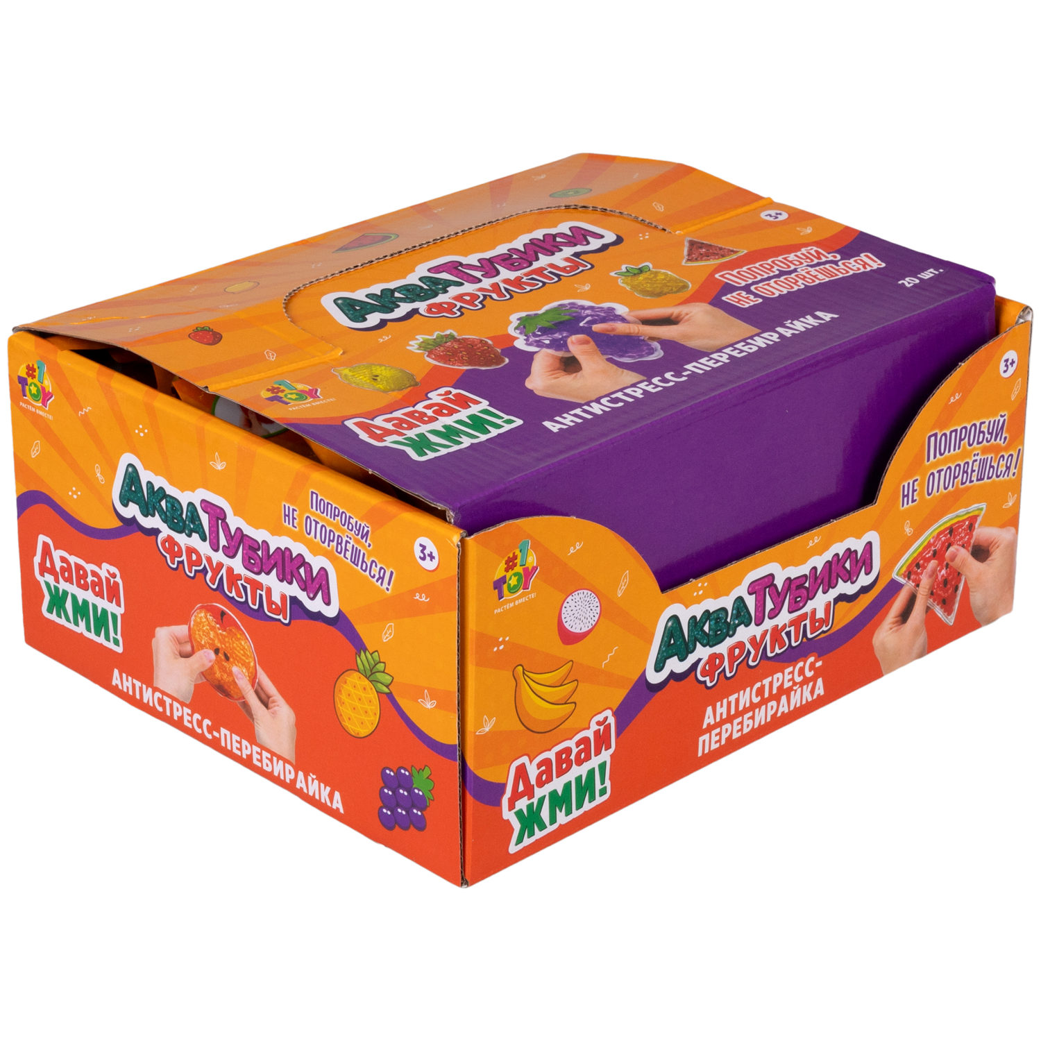 Акватубики переливайка 1TOY «Фрукты» скользун с водой внутри, антистресс для рук, жмякалка, 10 видов в ассортименте
