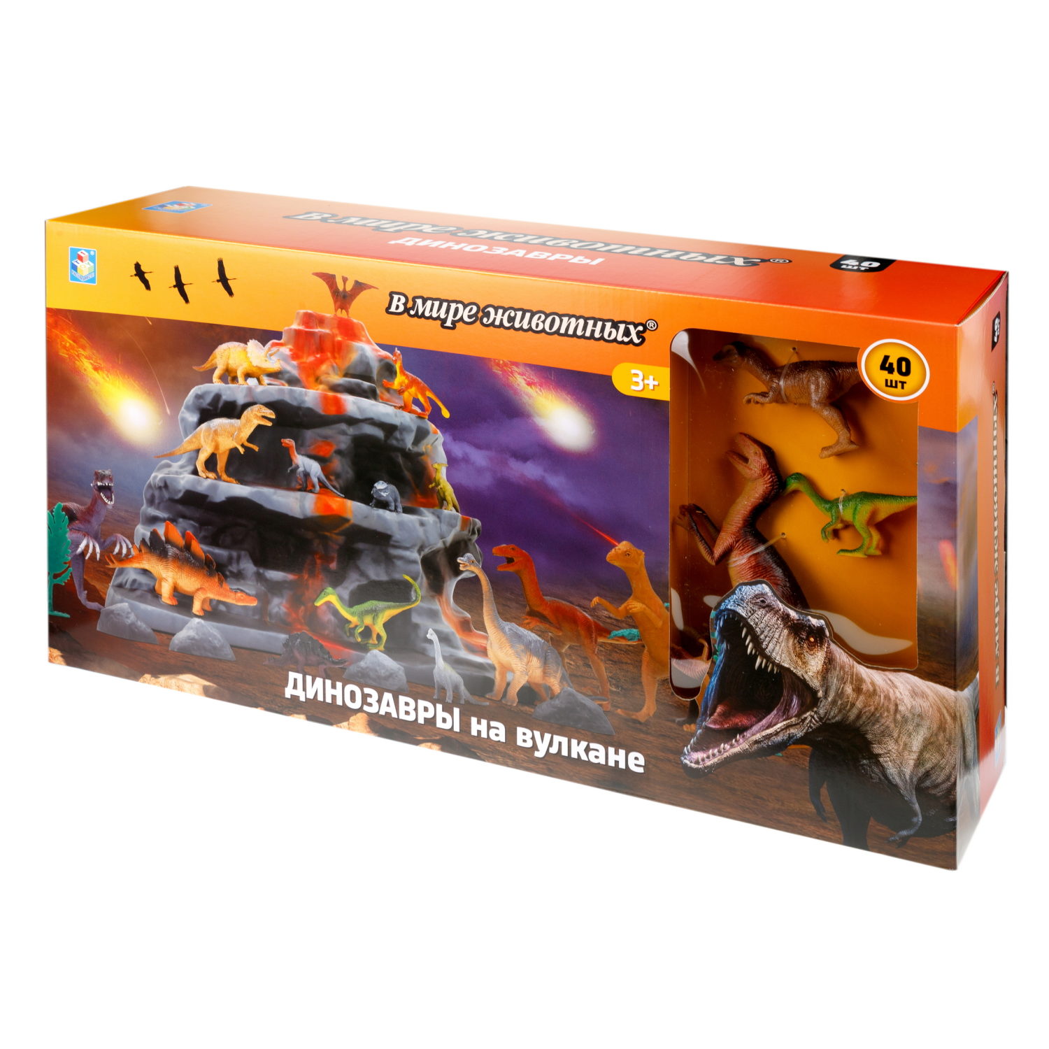 Игровой набор динозавров 1TOY "В мире животных", 40 шт., фигурки: стегозавр, птеранодон, гадрозавр, трицератопс, велоцираптор, тираннозавр рекс