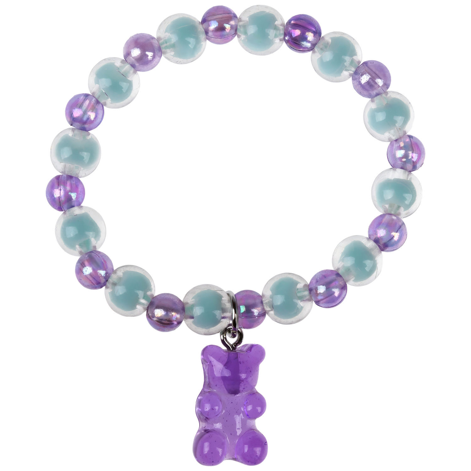 Набор украшений Lukky Fashion "Перламутровые фиолетовые мишки" из глазированных бусин: 3 браслета, клипсы для ушей, бусы с подвеской