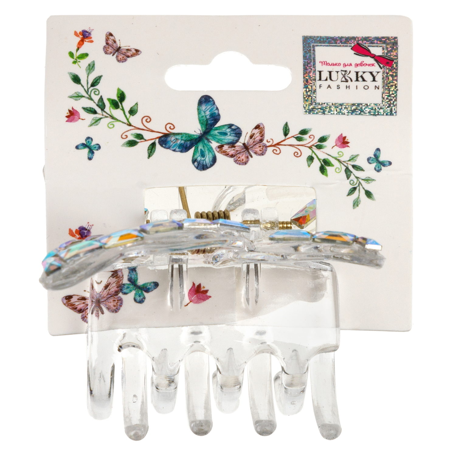 Lukky Fashion заколка-краб д.волос Бабочка Crystal с голограф.отделкой,4 цв.:золотой/розовый/малиновый/серебряный микс