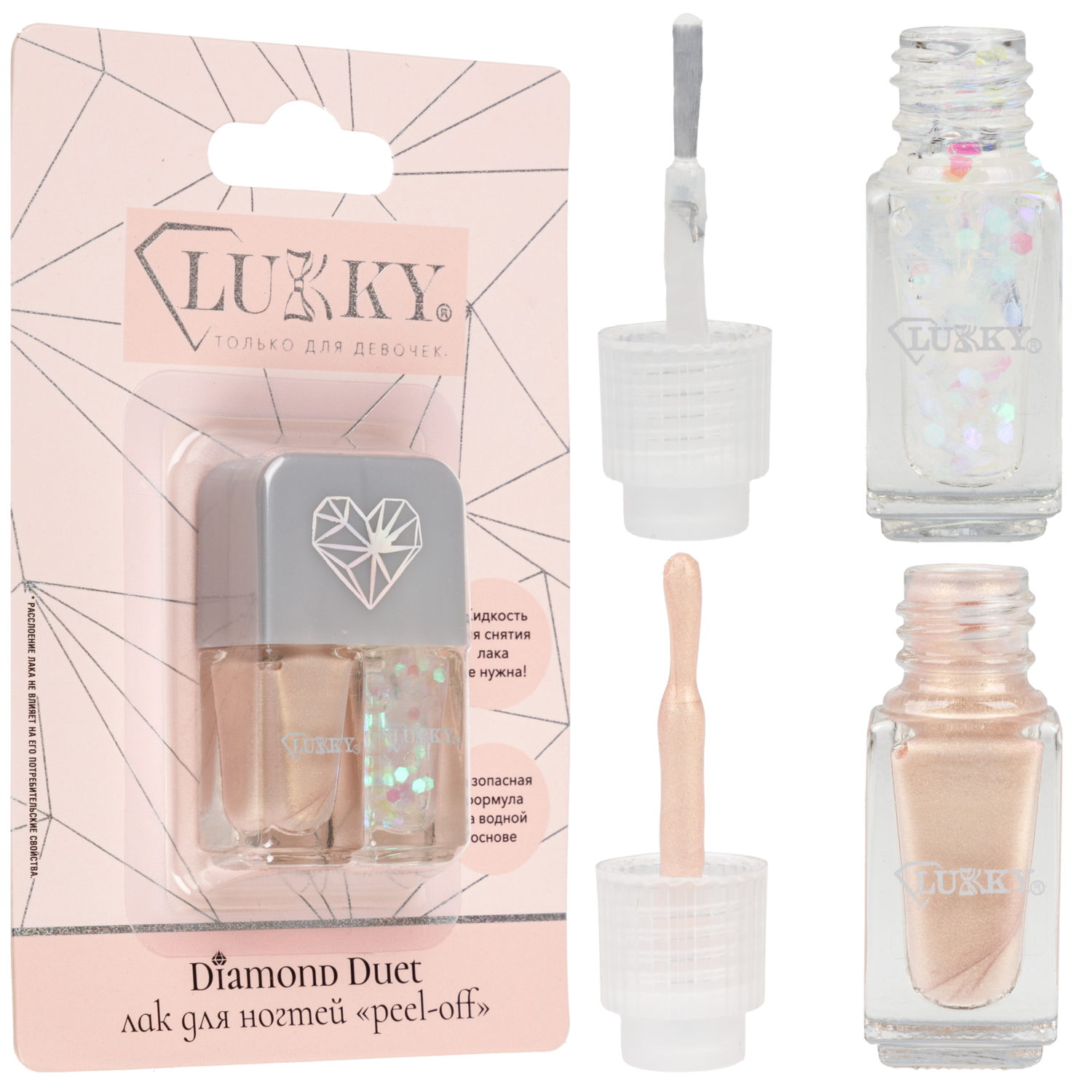 Двойные лаки для ногтей Lukky Diamond Duet, 2 по 4 мл, золотой с блёстками, блистер